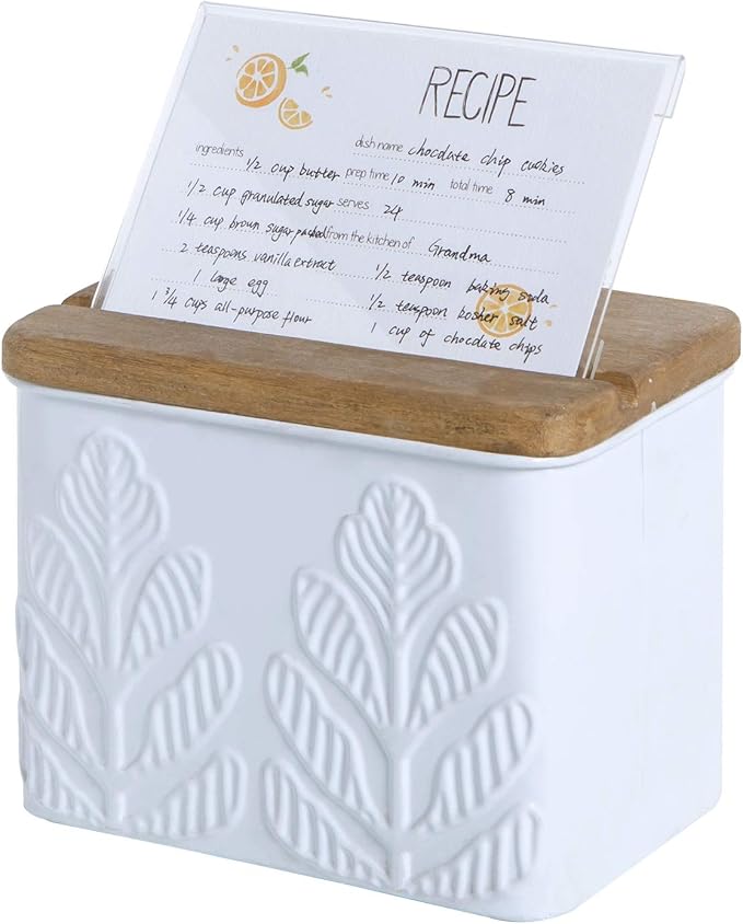 NIKKY HOME 4x6 Kitchen Metal Recipe Organization Box with Cards and Dividers, Plant Embossing Pattern