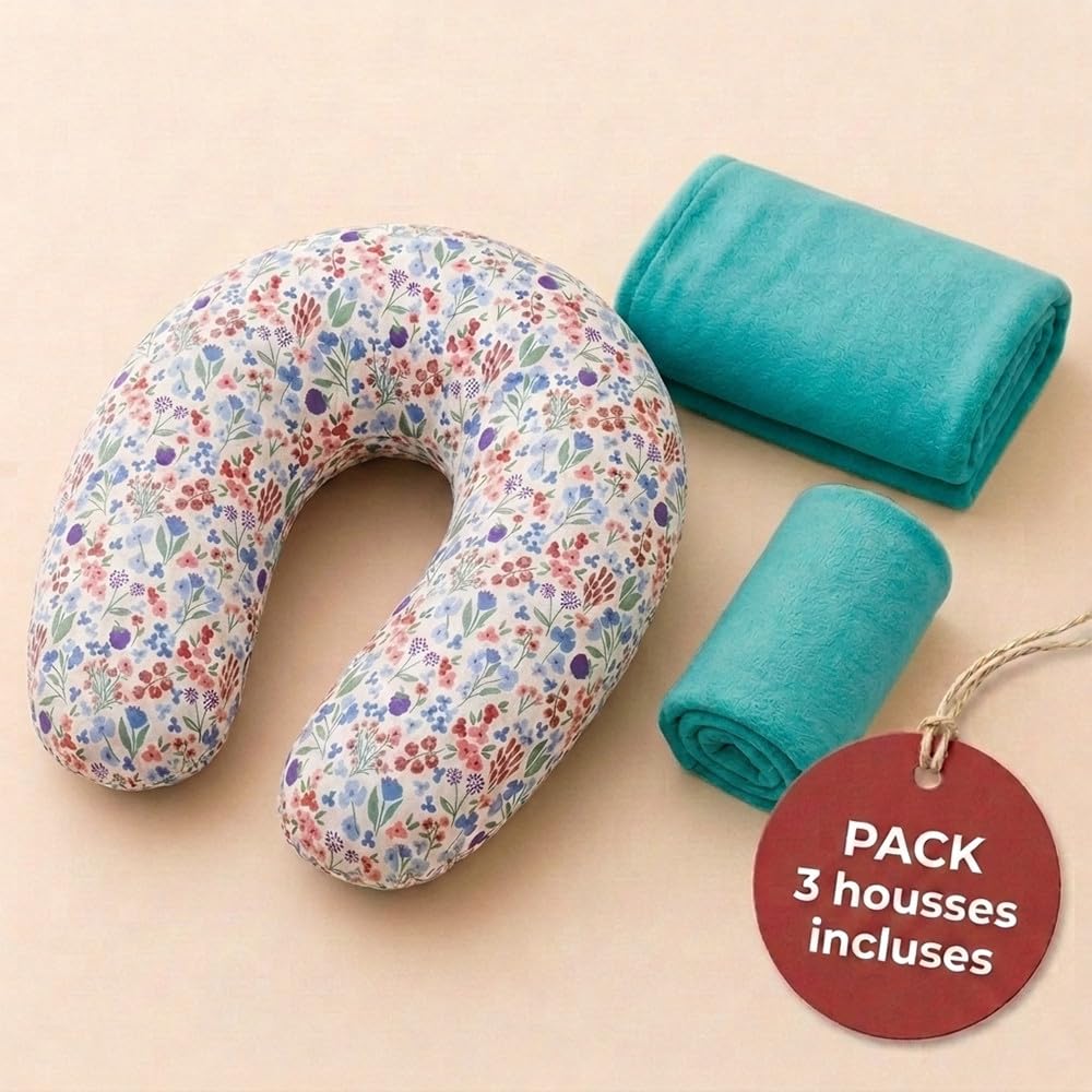 Babysom Schwangerschaftskissen, mitwachsend, 2 Bezüge (Baumwolle, blaue Blume & Minky weich) + Babynestdecke – doppelter Komfort Sommer/Winter – Öko-Tex zertifiziert – XXL 170 cm