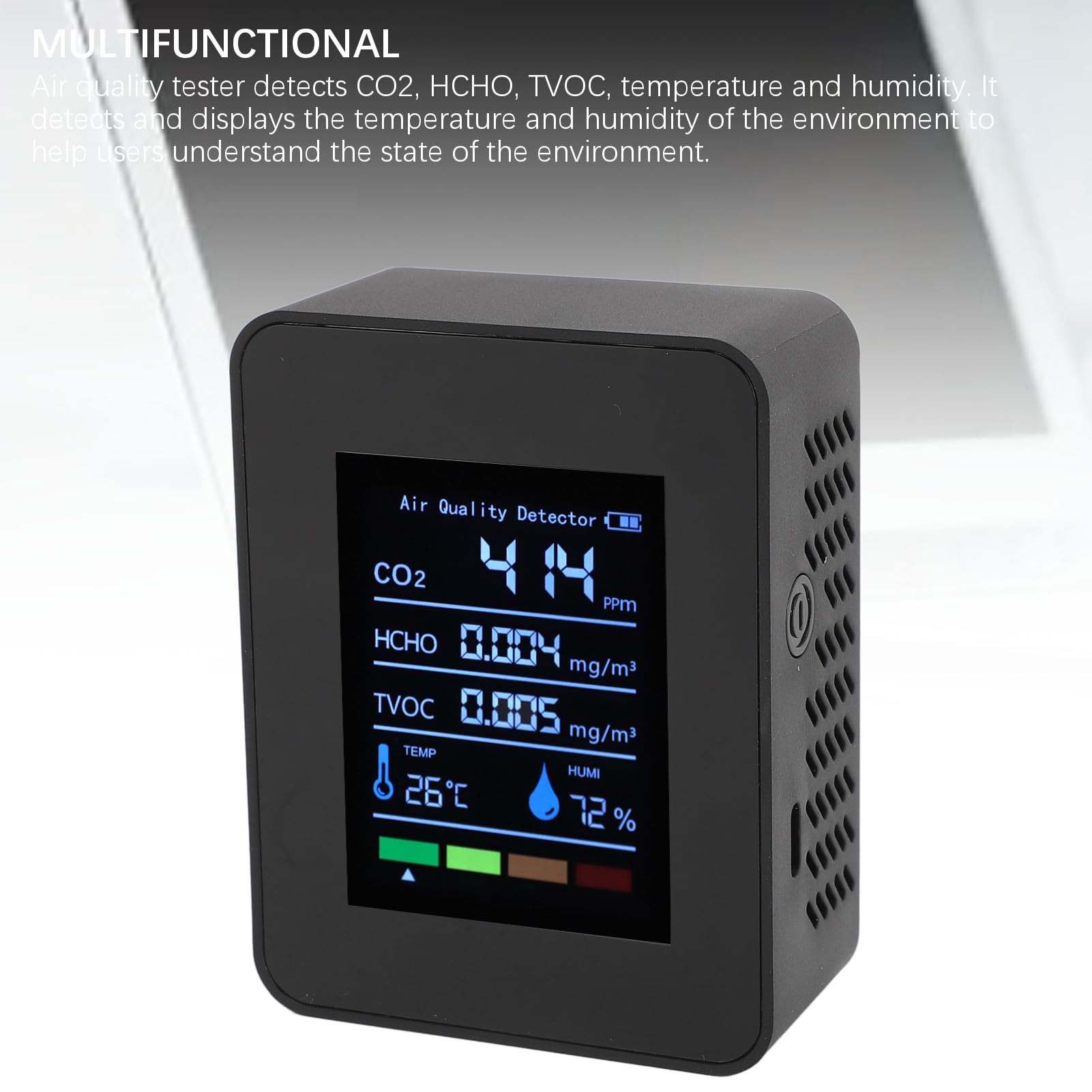 Monitor Jakości Powietrza 5 w 1, Miernik Testowy CO2/HCHO/TVOC/temperatury/wilgotności, Inteligentny Detektor Jakości Powietrza z Wyświetlaczem i baterią 1200 MAh, do Domu, Biura