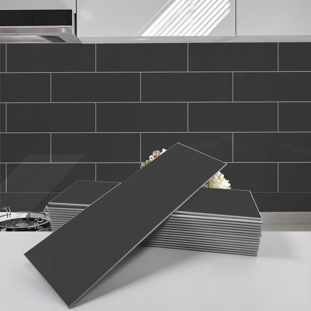 Avant Decor 24 Stone Composite Subway Texture Tiles | Peel and Stick Kitchen Backsplash | 4" x 12" Bex Metro Glossy Alpine | 8 sqft