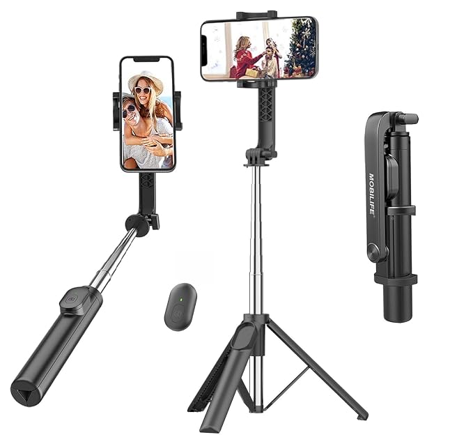 Mobilife Portable Selfie Stick Tripod 38" Extended Bluetooth Tripod Stand Reinforced 4 in 1 Selfie Stick Compact for Vlogging Mobile Phone Gopro Travel, Black