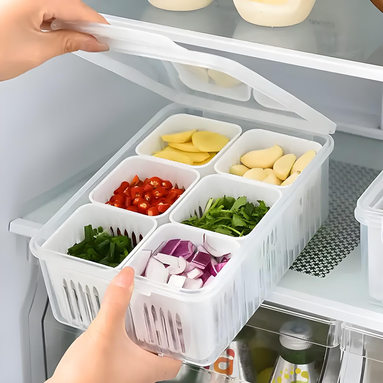 FIGMENT Fridge Storage Boxes Freezer Storage Containers, Container for Kitchen Storage Set, Storage in Kitchen, Vegetable Storage, Draining Crisper Refrigerator Food Box (6 Grid Container 1pcs)