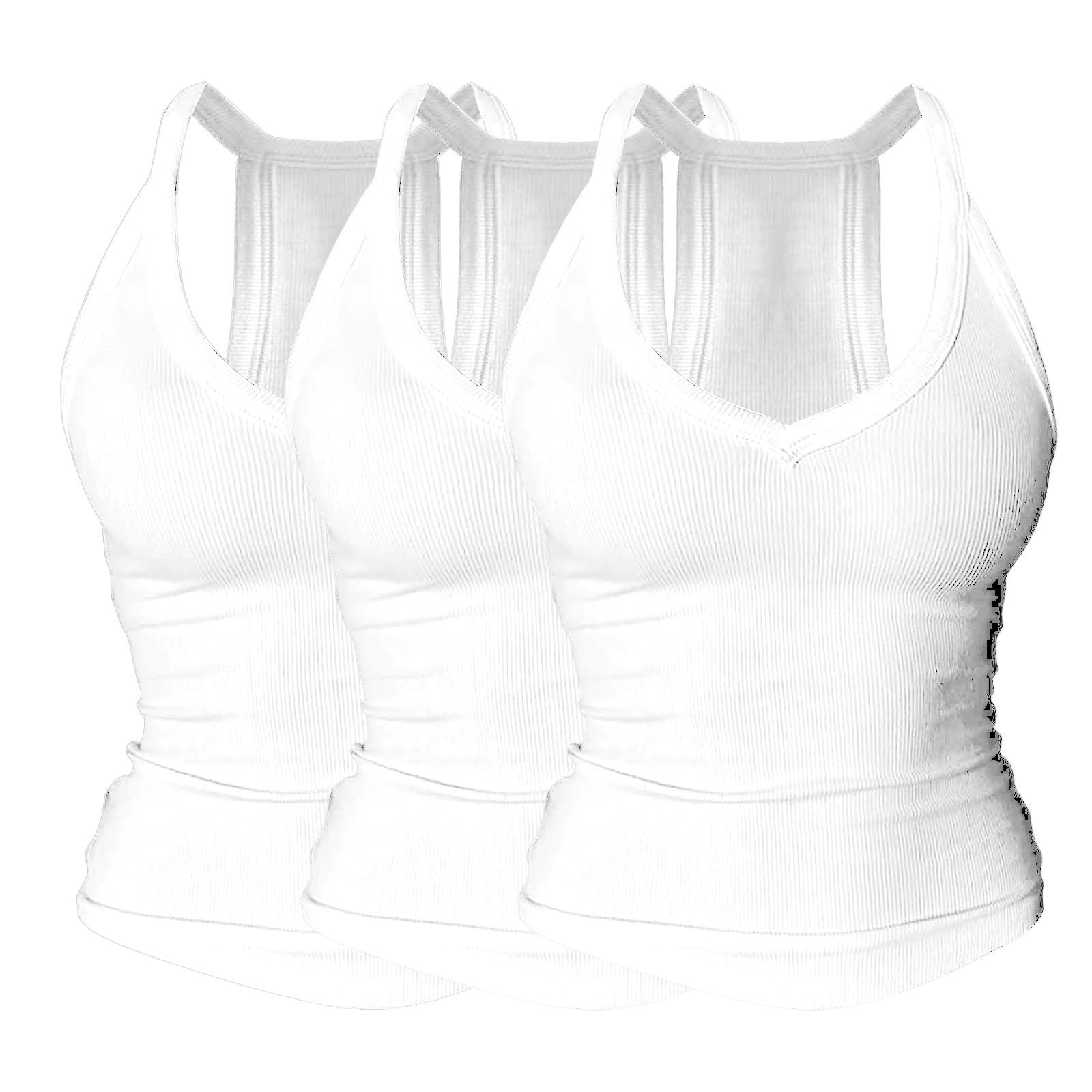 Generico Confezione da 3 Pezzi - Canotta Donna Scollo A V Racerback, Canottiera A Costine Imbottita Lunga, Tank Top Slim Fit Aderente Senza Maniche, Maglietta Allenamento Palestra Yoga Basic Estiva