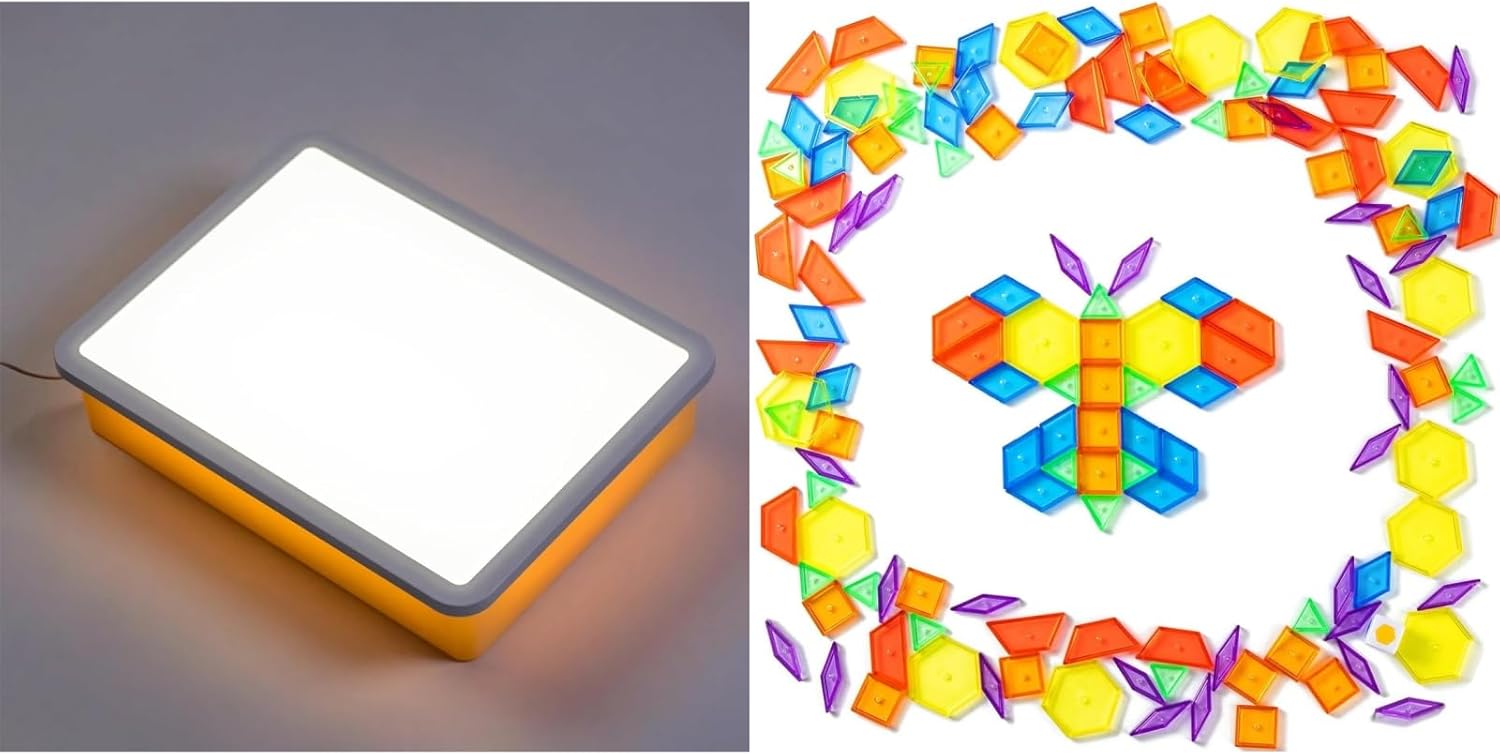 PreTrans Light Table for Kids – 16" – Sensory Light Box for Kids – 128 Pcs Translucent Pattern Blocks，3 Color Temperatures & 10 Brightness Levels – Perfect for Learning and Play (Orange)