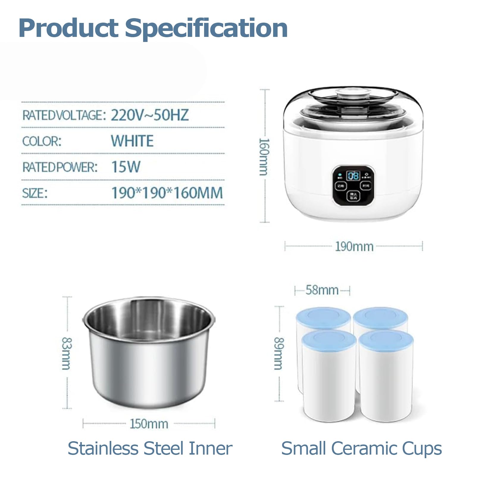 Yogurt Maker, fermentatore automatico da 1 l con controllo della temperatura e del tempo regolabili, fodera in acciaio inossidabile e 4 tazze in ceramica per yogurt fresco fatto in casa