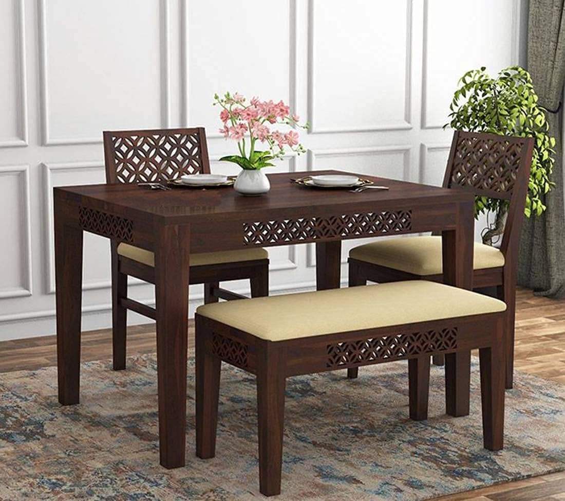 PAREEK FURNITURES Solid Sheesham Wood Dining Table Set 4 Seater | Four Seater Dining Table 4 Seater with 2 Cushion Chairs & 1 Bench for Living Room | 4 Seater Dining Set for Hotel & Restaurant, Walnut-image-4