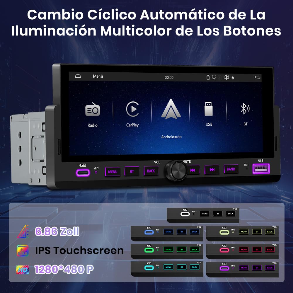Junsun 6.86 Pulgadas 1 DIN Radio Coche Universal con Pantalla Táctil, con CarPlay/AndroidAuto/Admite Carga Type-C/USB/Micrófono/FM/EQ/GPS/Bluetooth 5.0/USB/SWC y Cámara Trasera con Cable 6M