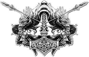 Two Battling Valkeries Flanking Mjolnir Hammer 3 inch Full Color Indoor Outdoor Vinyl Decal