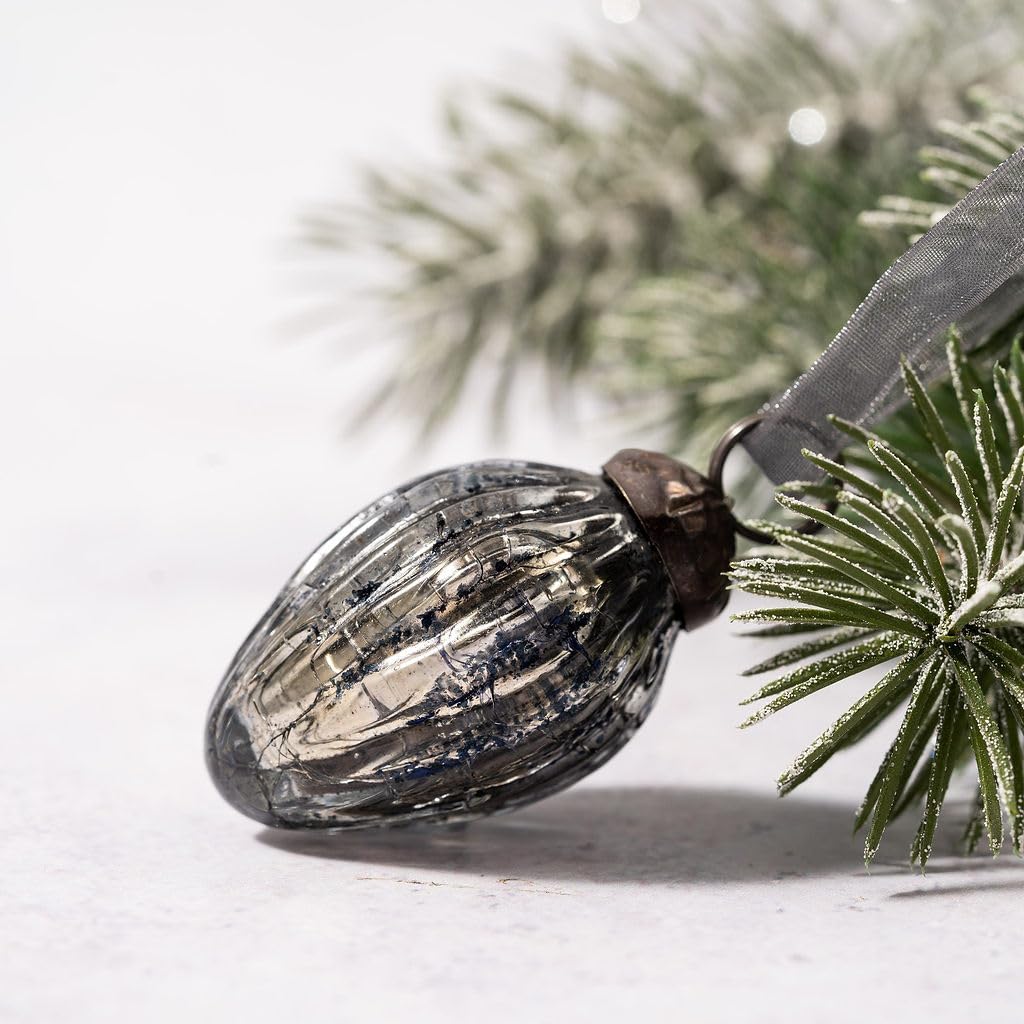 Aurora Christmas Slate Arthur Cameron – Bauble Set Of 6 – Small 1" Crackle Glass Pinecone Ornaments – Hand-Blown Christmas Tree Decorations (Slate)