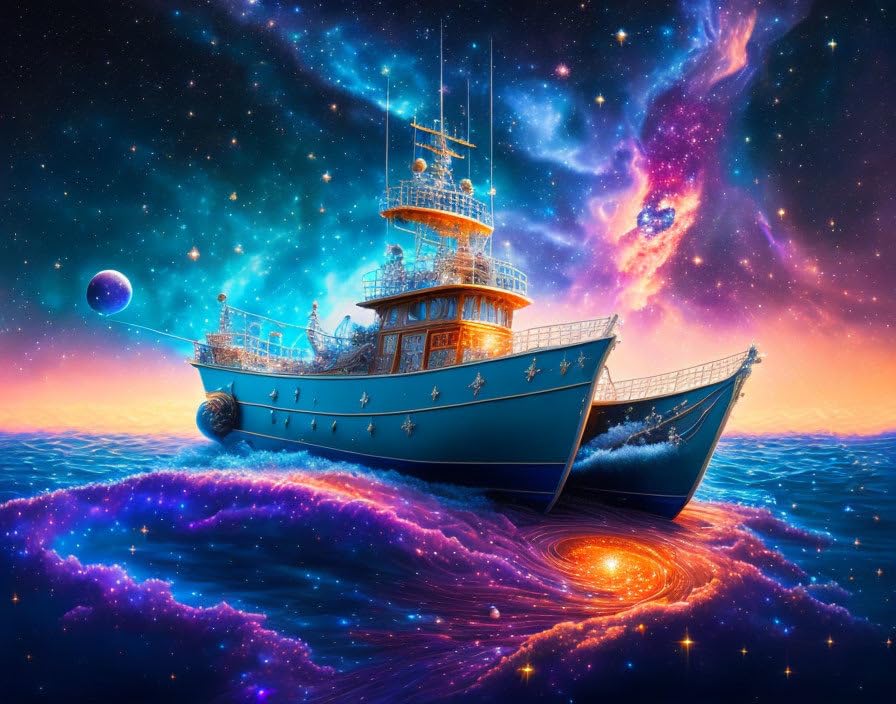 Poster bateau de pêche dans l'espace Meechi toile sans cadre 50x70 cm décor mural