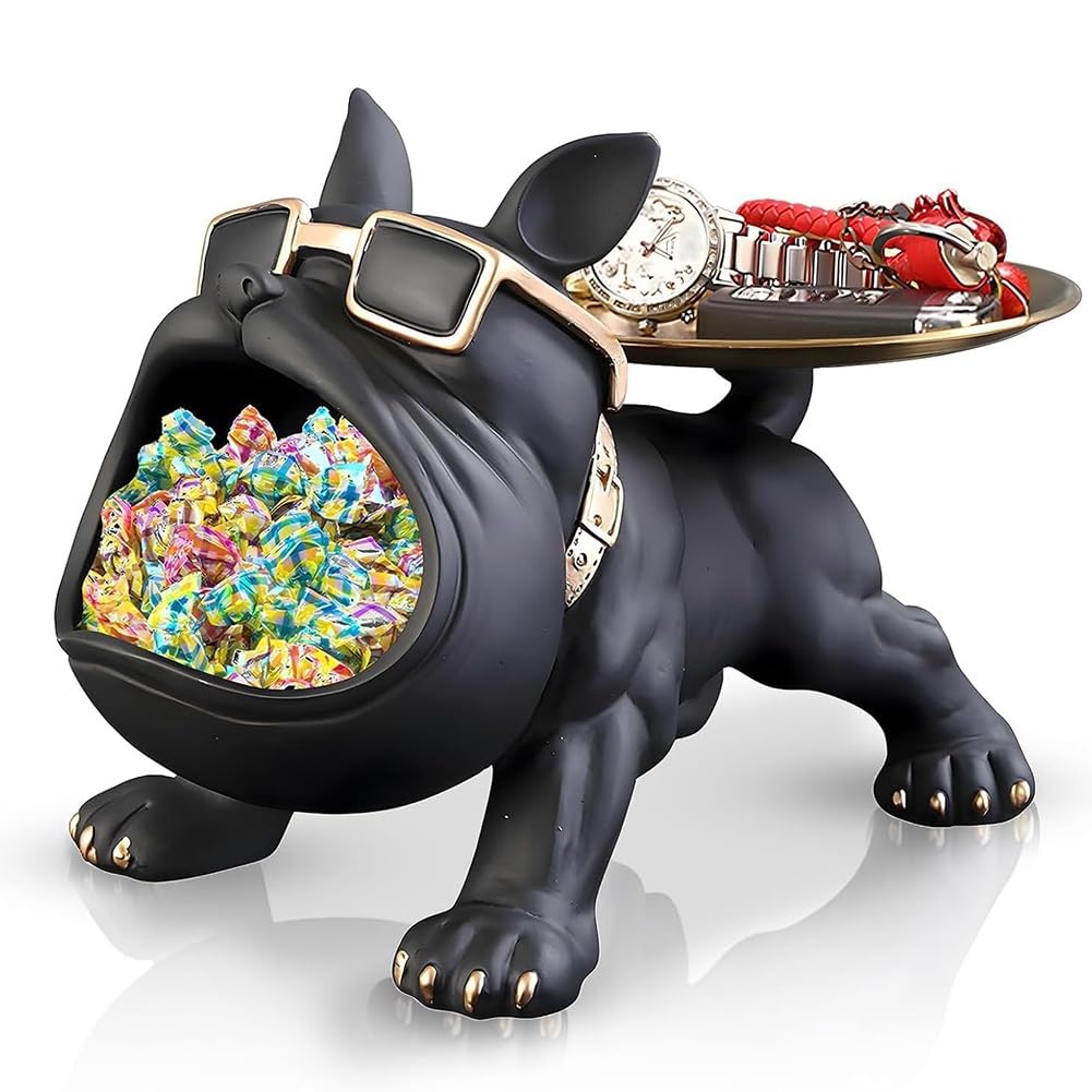 CTRLZS Statues Figurines Resin French Bulldog Tray Statue Candy Dish Key Holder Bowl for Desk Home Decor Black