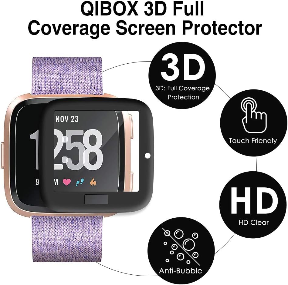 QIBOX Screen Protector Compatible with Fitbit Versa, Waterproof 3D Full Coverage Curved Edge Screen Protective Cover Saver for Versa Watch Tracker Scratch-Resistant 3-Pack(Not for Versa 2)
