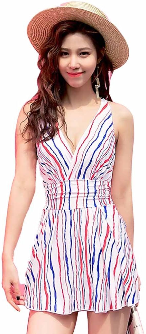 Amazon Ajun レディース 水着 ワンピース 体型カバー 青白 ストライプ 縞模様 美背 かわいい メッシュ セクシー 水泳 海水浴 温泉 女性用水着 セットアップ キュート 大人 盛 パット 夏 ママ水着 高弾性 着やせ 大きいサイズ ポシミヤ風 パンツ付き ワンピース