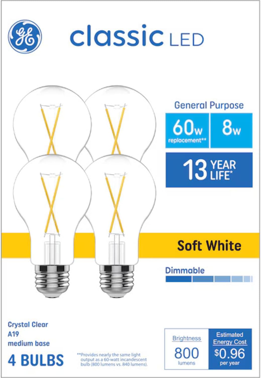 GE Classic LED 60 Watt Replacement, Soft White, A19 General Purpose Bulbs (4 Pack)