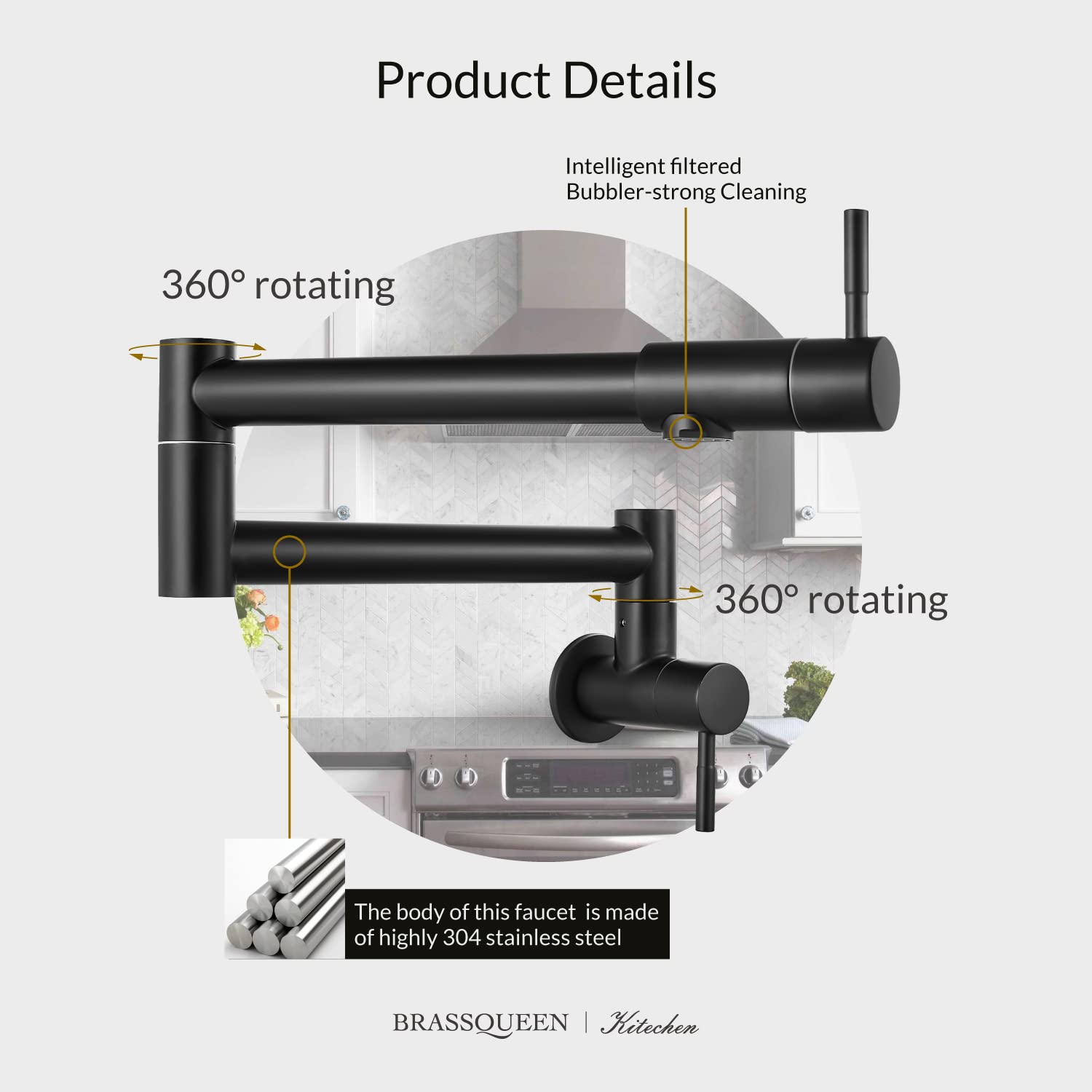 Grifo plegable para llenado de ollas, montaje en pared, de acero inoxidable, comercial, grifo de fregadero de cocina con brazo oscilante de doble articulación, grifo de montaje en pared de