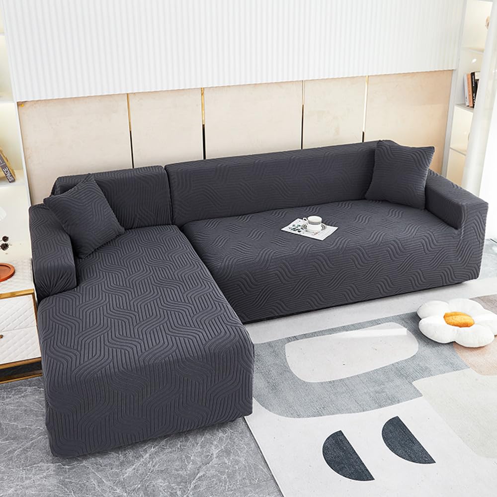 Housse canapé extensible jacquard gris foncé 2 places protection salon