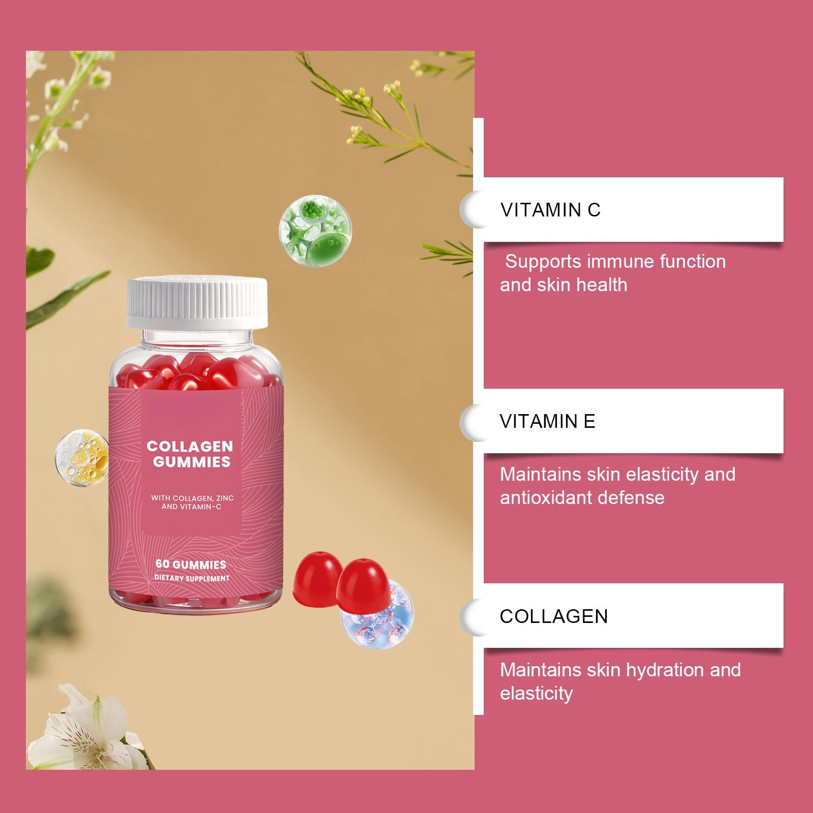 Gomitas De Colágeno Con Vitamina E: Elasticidad La Piel Y Apoyo Antioxidante, Suplemento Masticable Nutrición Diaria, Sabrosos Sabores Frutas(2PCS)