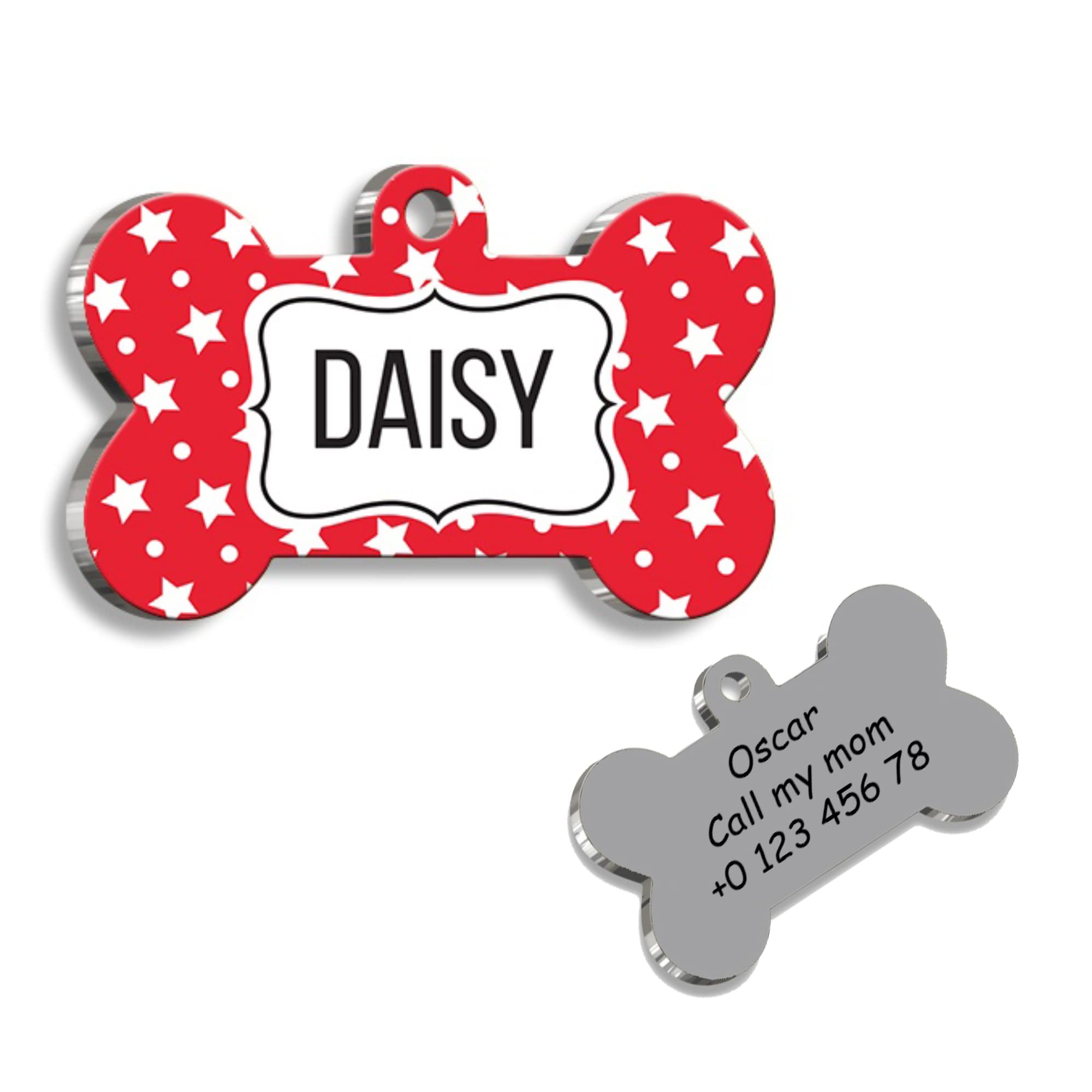 Red Stars Bone Personalized Dog Tag - Custom Name Tag - ID Tag for Dog & Cat - Customized Pet Tags - Dog Name Tag - Cat Name Tag - Engraved Dog Tag