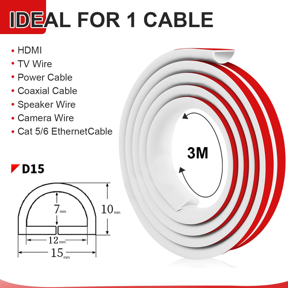 Canalina per cavi bianca, autoadesiva, da parete, per pavimento, diametro 15 mm x 2 m, piccola copertura per cavi semicircolare, per pavimento in PVC, flessibile, piatto per protezione canali