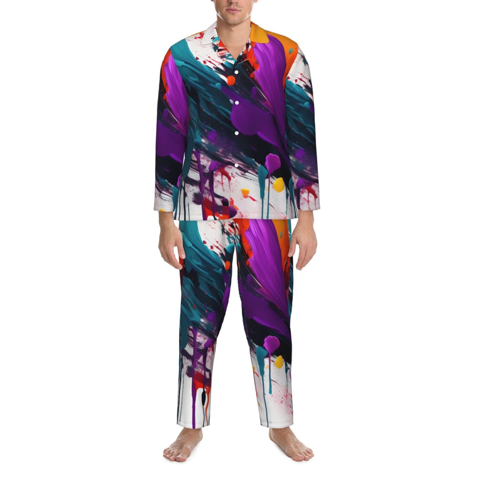 Herren-Pyjama-Set mit Farbspritzer-Druck, langärmelig, zweiteilig, Hauskleidung, bequeme Nachtwäsche