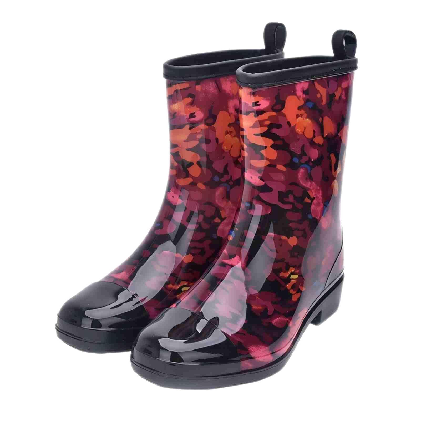 Kontai Women Half Calf Rubber Rainboots Leopard gerbera Red Floral Printed Waterproof Rubber Garden rain footwear