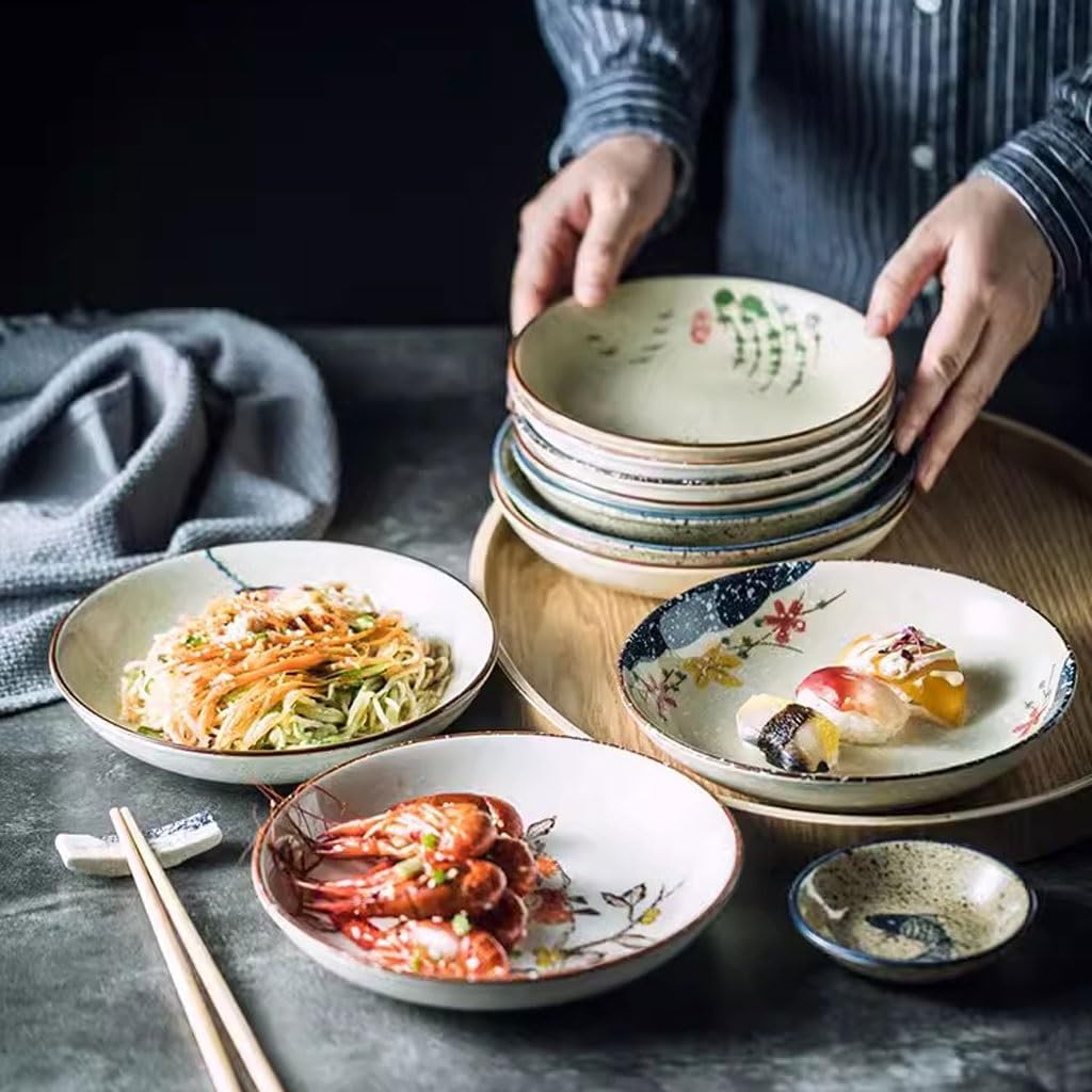 Assiette à dîner en céramique, ensemble d'assiettes porcelaine, vaisselle, assiette rétro japonaise, creuse