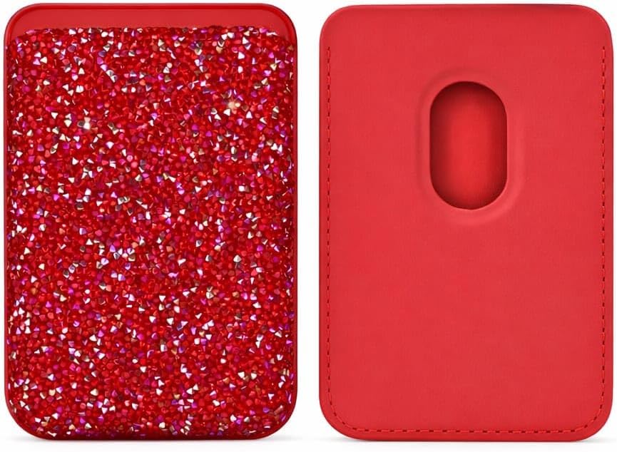 ELYANORE New Luxury Glitter Crystal Diamonds Leather Wallet Card Holder Magnetic for Magsafe IPhone Telephone Bracket Small Credit for Women Girls (Crimson Red)