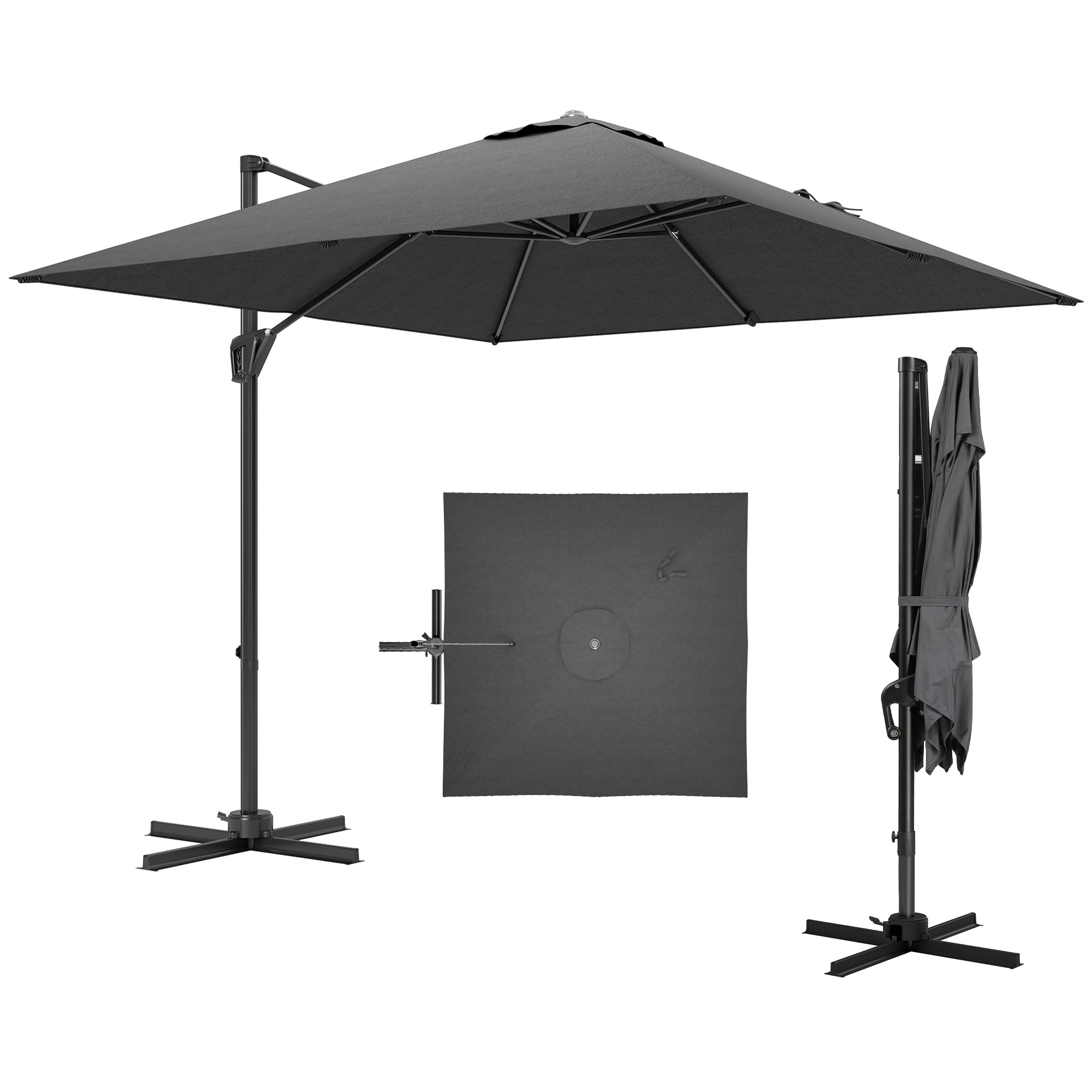 Outsunny 2.5 x 2.5m Patio Offset Parasol Umbrella Cantilever Hanging Aluminium Sun Shade Canopy Shelter 360° Rotation with Crank Handle and Cross Base, Dark Grey
