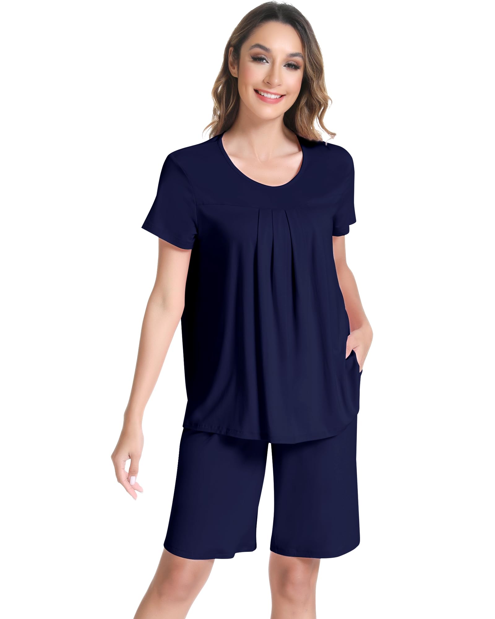 NACHILA Pajamas for Woman-Viscose Made from Bamboo,Short Sleeve Pajama Shorts Set Crew Neck Sleepwear Pleated Pjs Soft Top