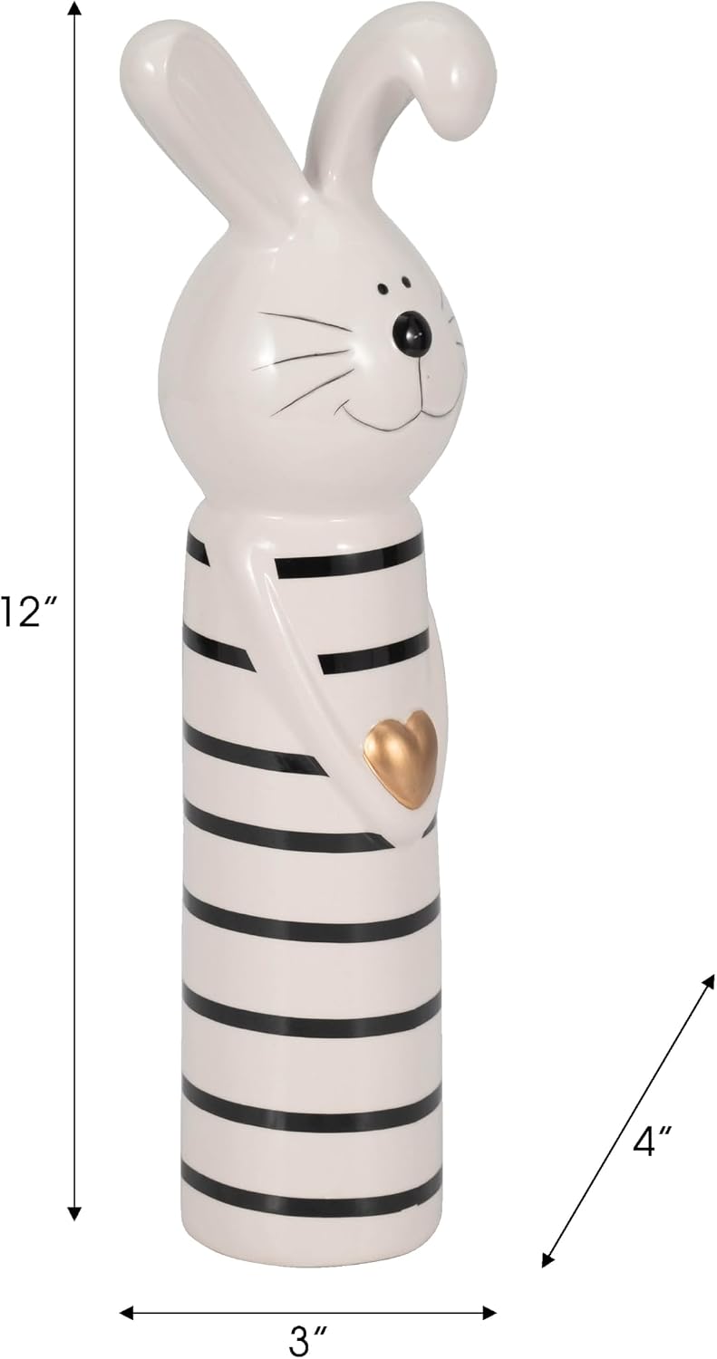 Boho Bunny Figurine - Handmade Striped Ceramic Decor - Stoneware Accent for Living Room, Bedroom & Office - 12" Black & White