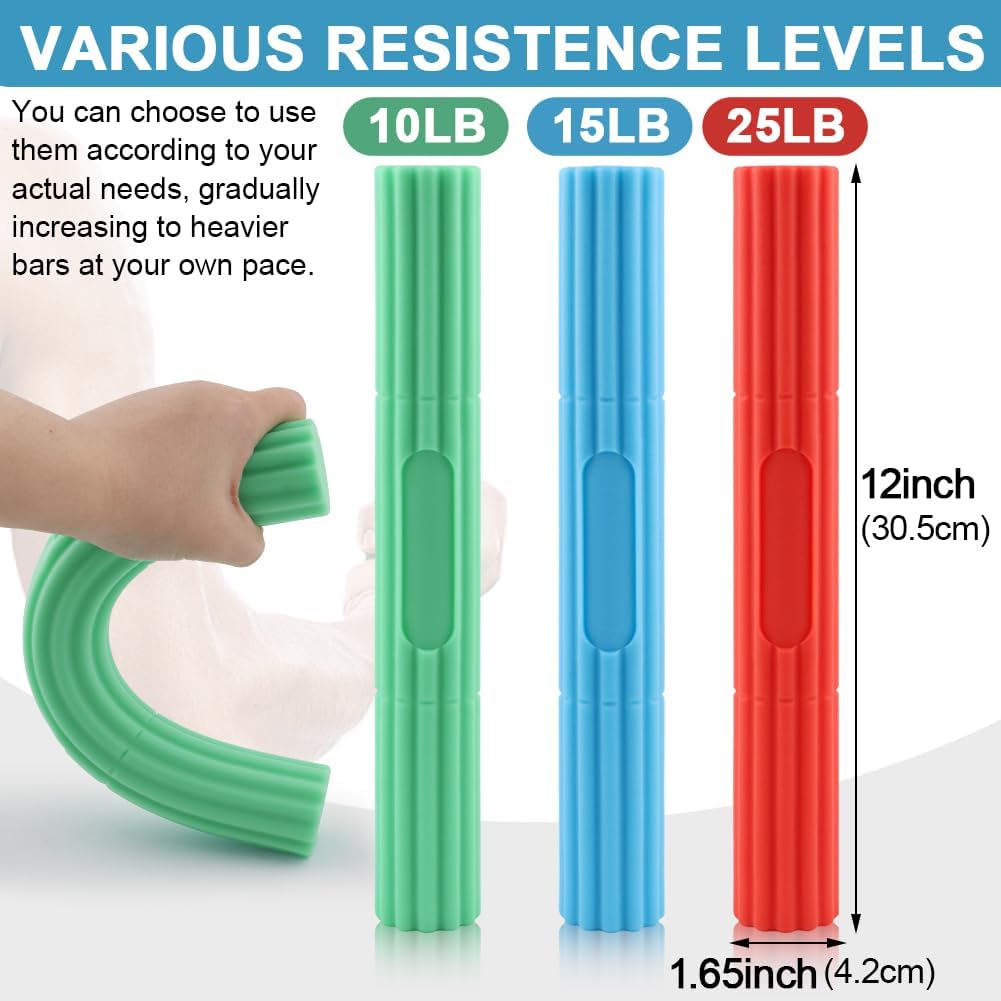 3 Pcs Flex Resistance Bars,Twist Obstruction Hand Grip Strength Trainer Resistance Bars for Golfers Elbow Tendonitis Wrist and Forearms Pain Relief(Light Green Blue Orange)