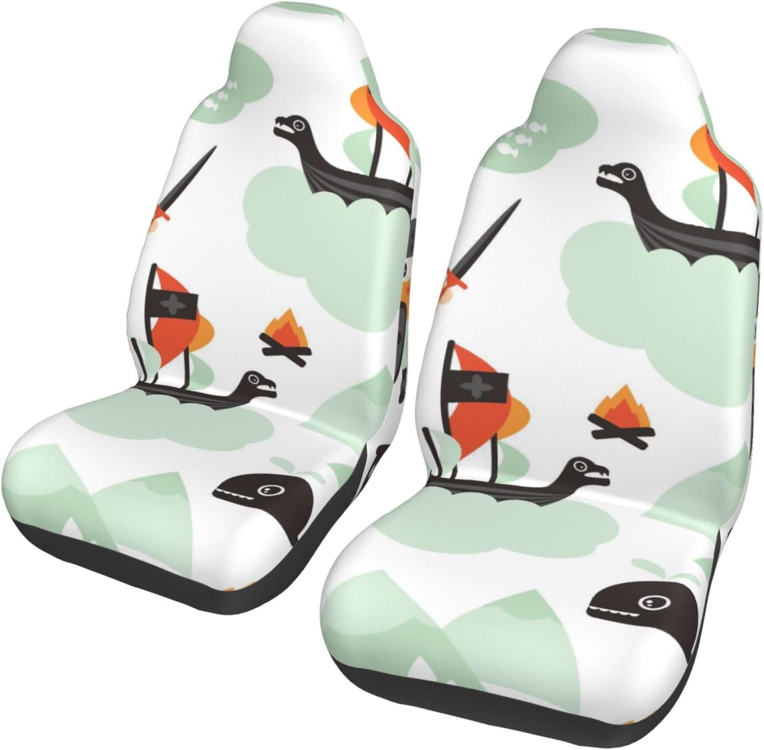 Seamless Ids Vikings Pirate Ship and Whale Scandinavian Mythical History Theme Car Seat Covers 2-Pack - Fit for Sedans, Trucks, Suvs, Automotive Seat Protectors with Reinforced Stitching