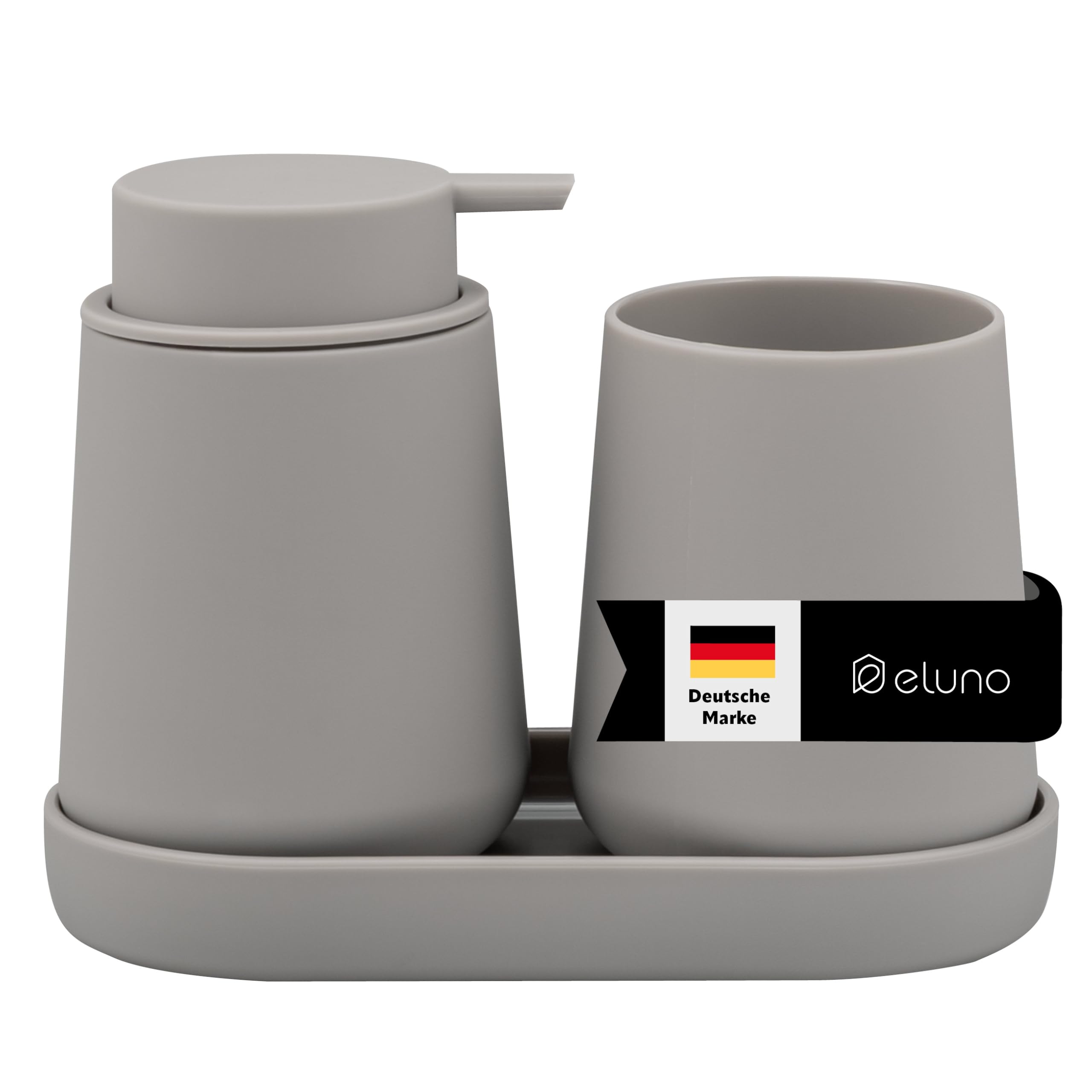 eluno TESERO - Set di accessori da bagno con superficie soft touch, 3 pezzi, composto da 1 dispenser di sapone, 1 tazza e 1 ciotola, ideale per bagno e cucina in plastica (tortora)