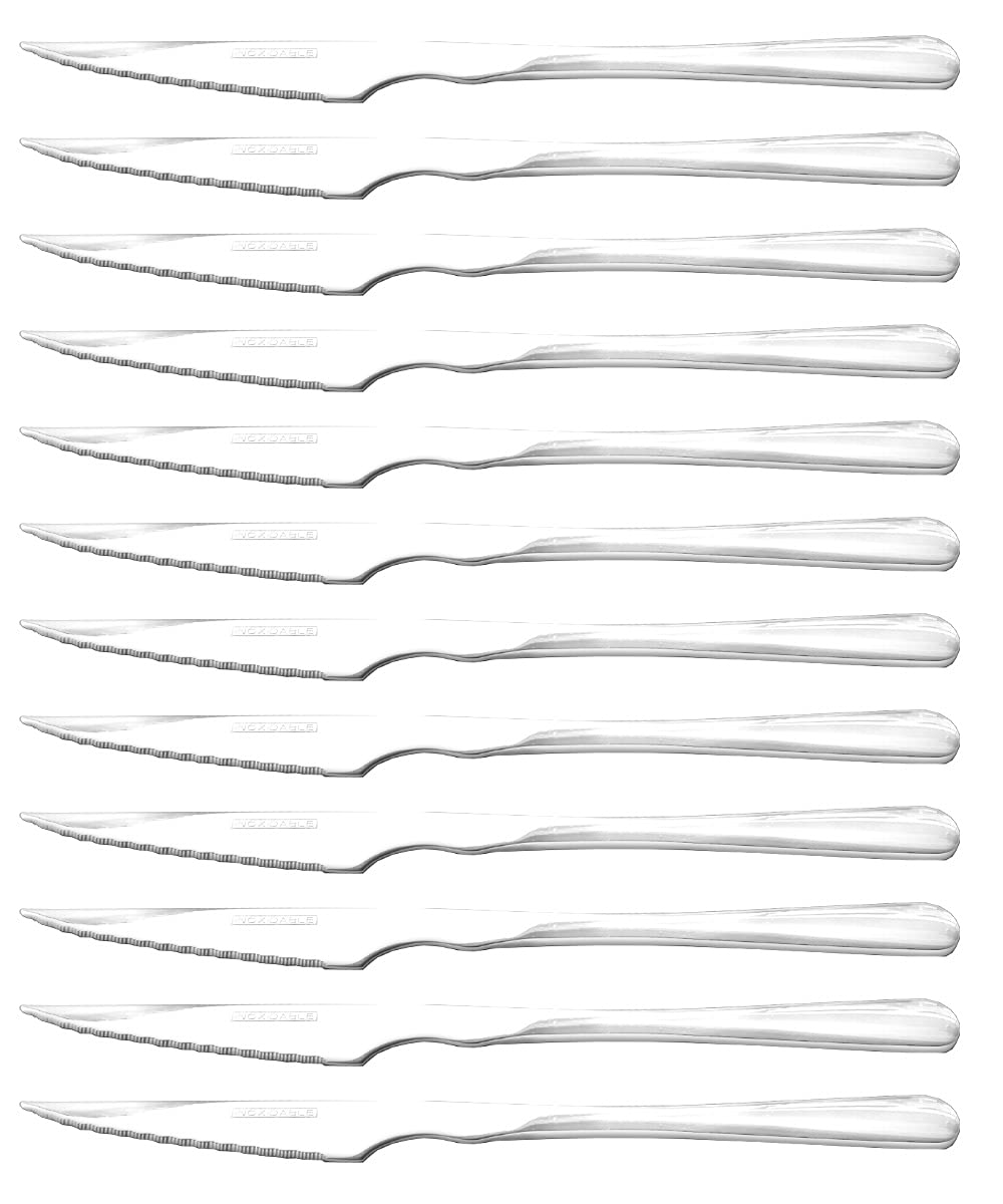 Cuchillos de Mesa Acero Inoxidable – Set 12 Cuchillos para Carne con Filo Dentado – Aptos Lavavajillas – Uso Diario y Profesional
