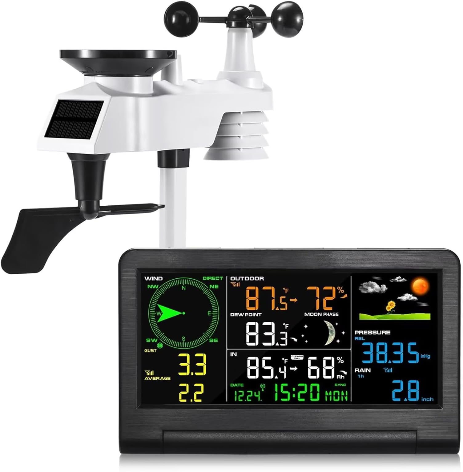 Gevanti Weather Station Wireless Indoor Outdoor with 9-in-1 Sensor & LCD Display, Weather Station with Rain Gauge and Wind Speed/Direction, Moon Phase, Forecast, Temperature, Pressure, Humidity, Alarm