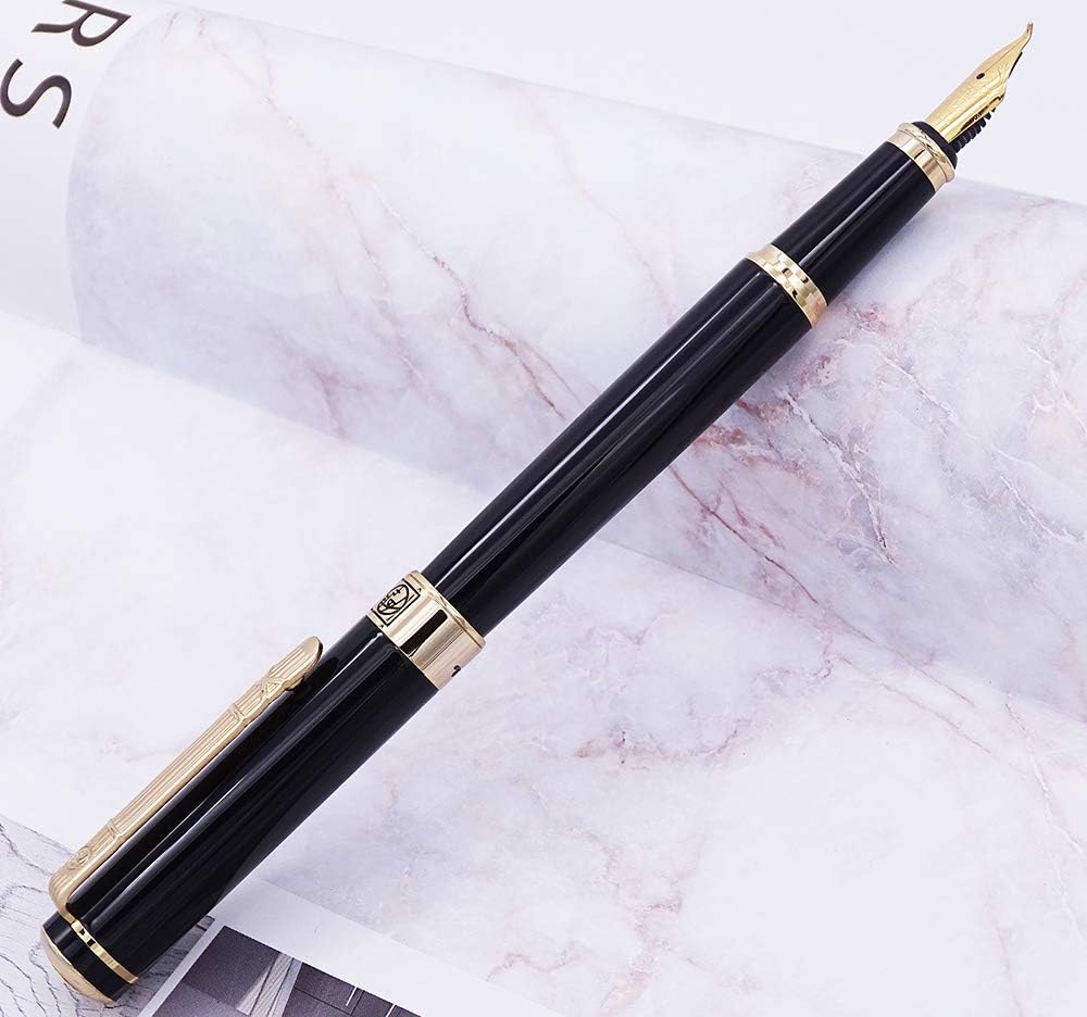 Lanxivi Picasso 902 Gentleman Fountain Pen Bent Nib Fude Pen, Fine to Broad Size, Black Gold Trim Collection Signature Gift Pen