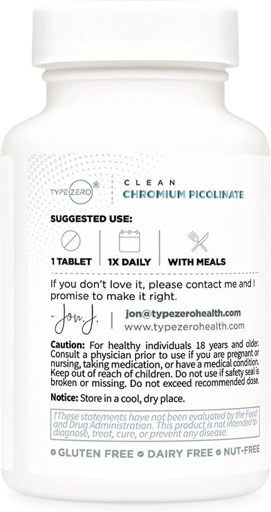 Type Zero Clean Chromium Picolinate Tablets (120 Servings, 1,000 MCG Per Serving) - Non-GMO, Gluten Free