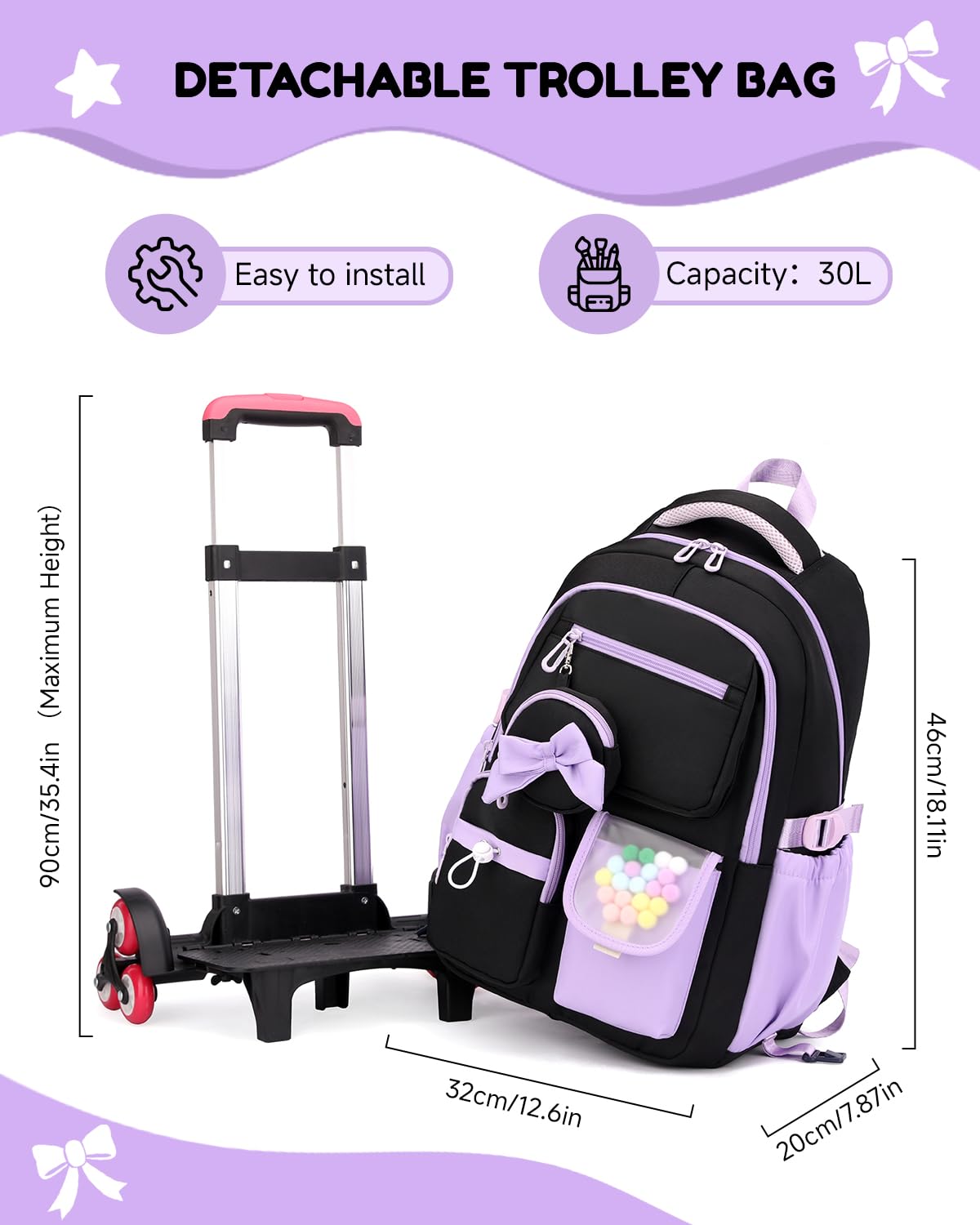 Amythe Zaino con Ruote Bambina 10-18 Anni – Trolley Scolastico 6 Ruote con Carrello Rimovibile – Zaino Trolley per Ragazze Scuole Medie – Grande Capacità per PC 15.6", Viola