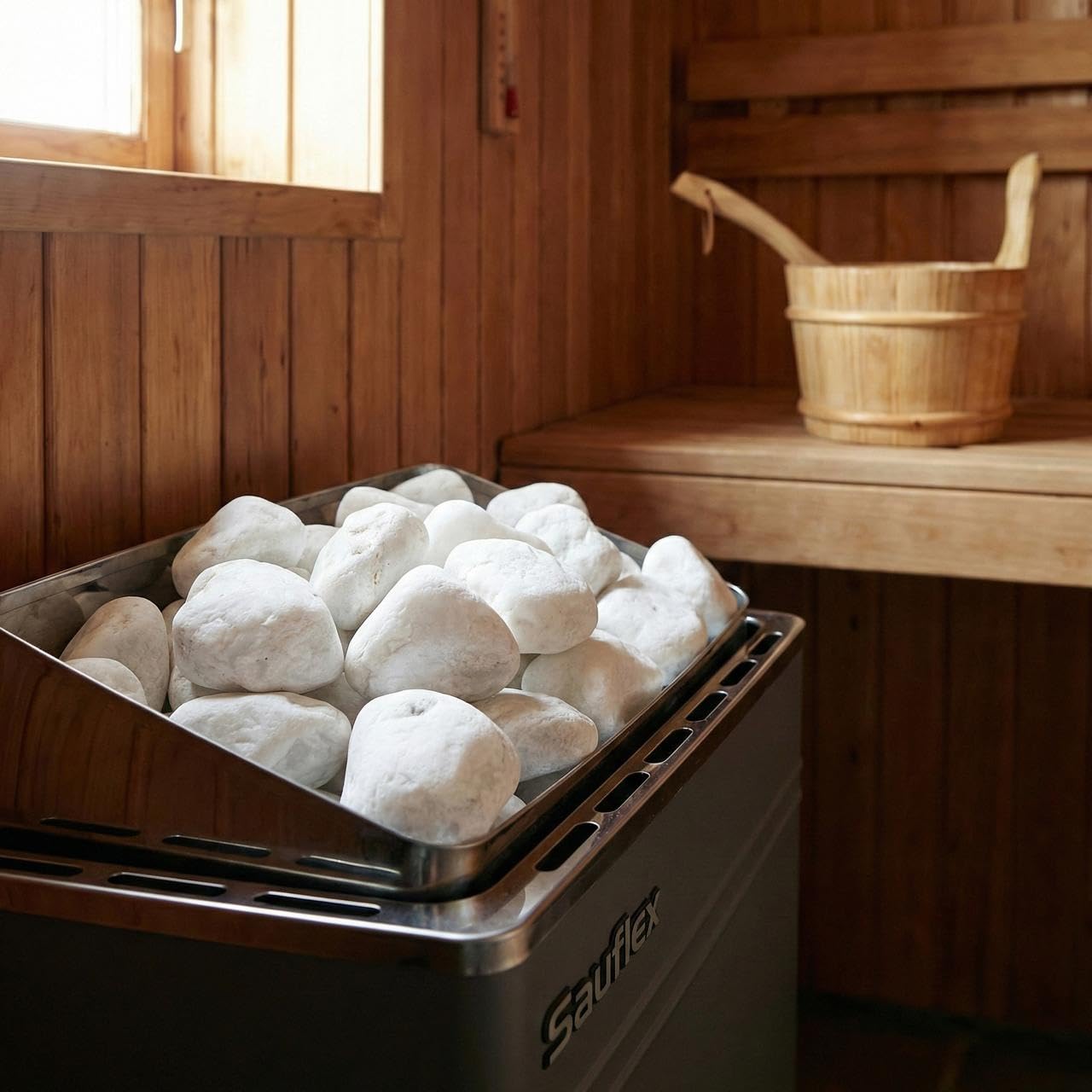 Saunasteine Quarzit 15 kg – Abgerundet, 5–10 cm | Helle Optik, Natürlicher Saunastein | Für Elektro- & Holz-Saunaöfen