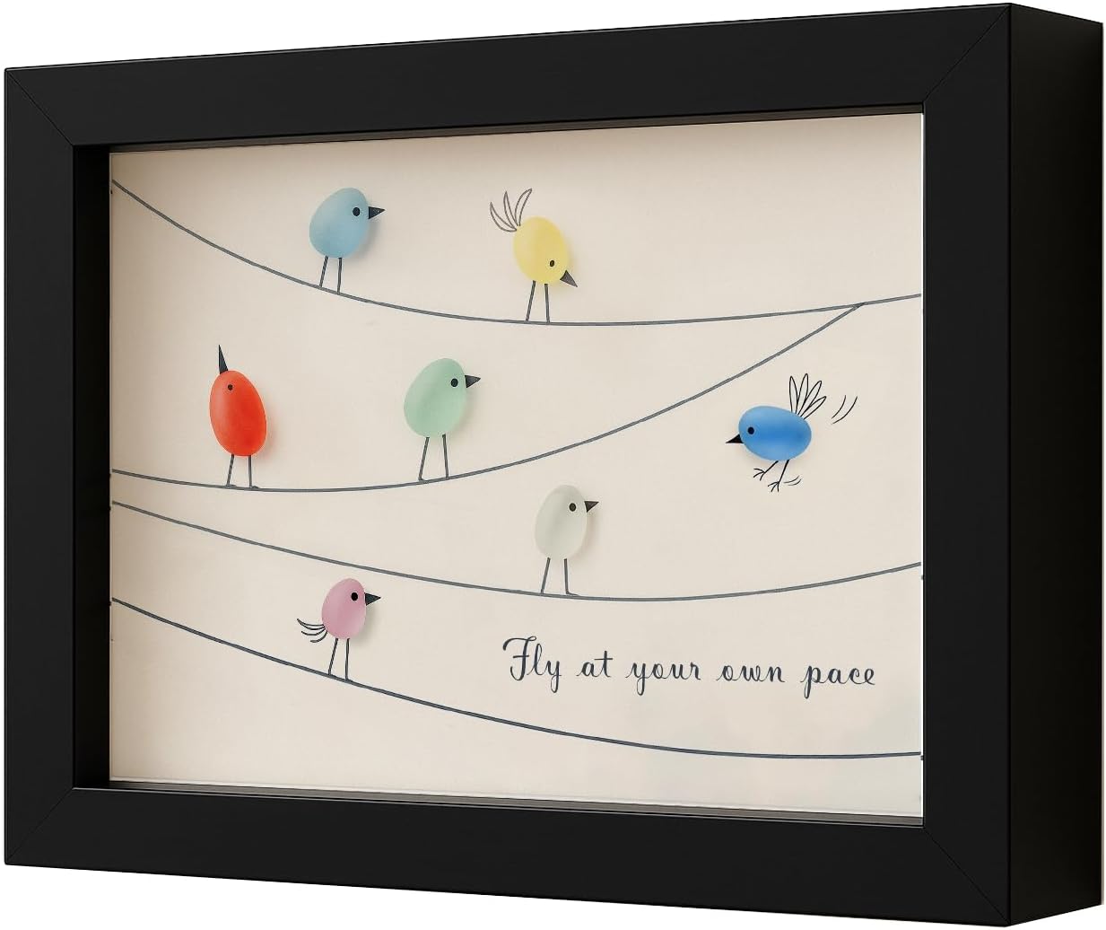 Bird Gifts Sea Glass Art Decor with Frame – 6 Colorful Sea Glass Birds on Wire, “Fly at Your Own Pace” Quote, Gifts for Bird Lovers Women Girls, Graduation Birthday Housewarming Gift (A-Black)