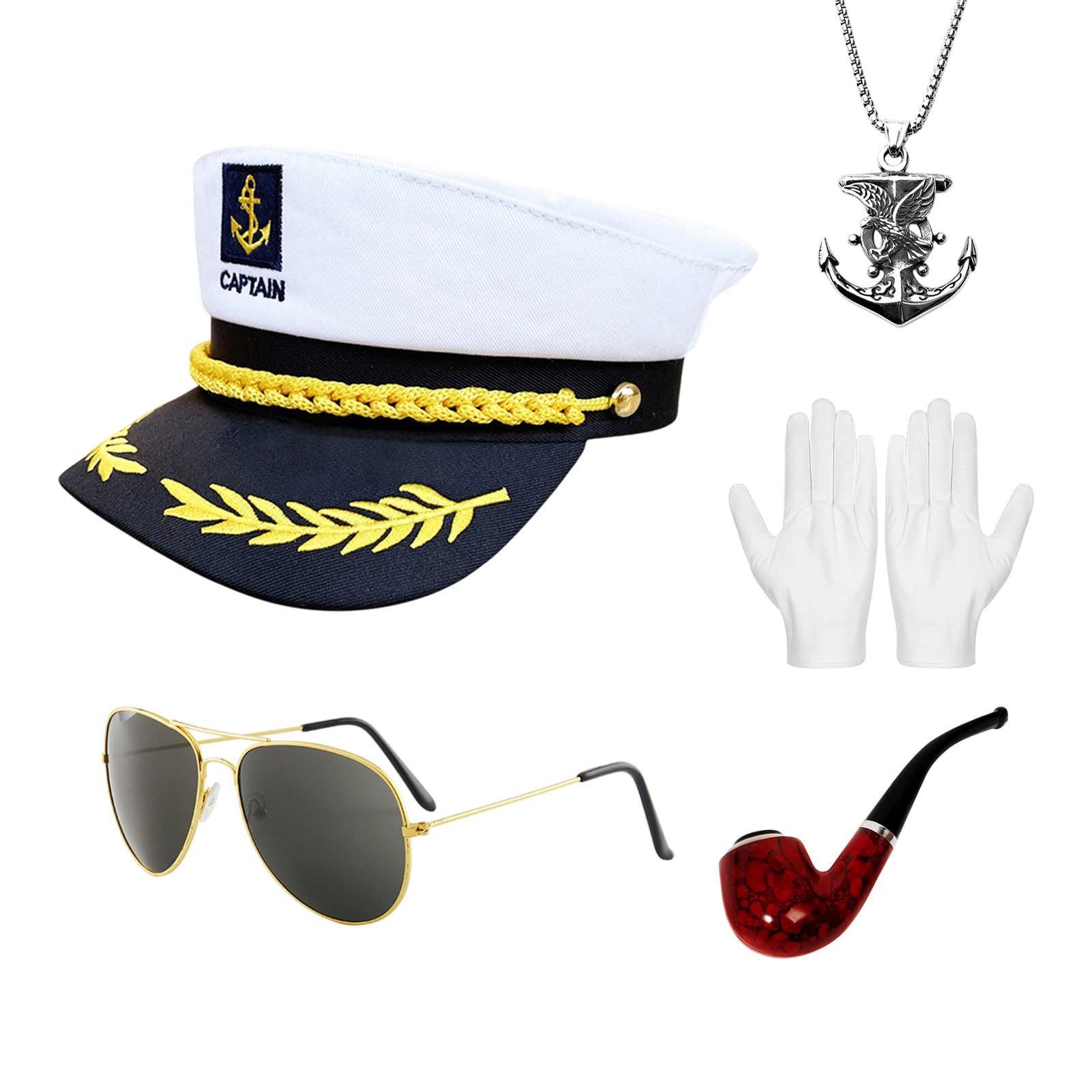 Matreeglam Navy Captain Sailor Costume Hat Set including Sunglasses, White Gloves for Unisex Adults Nautical Theme