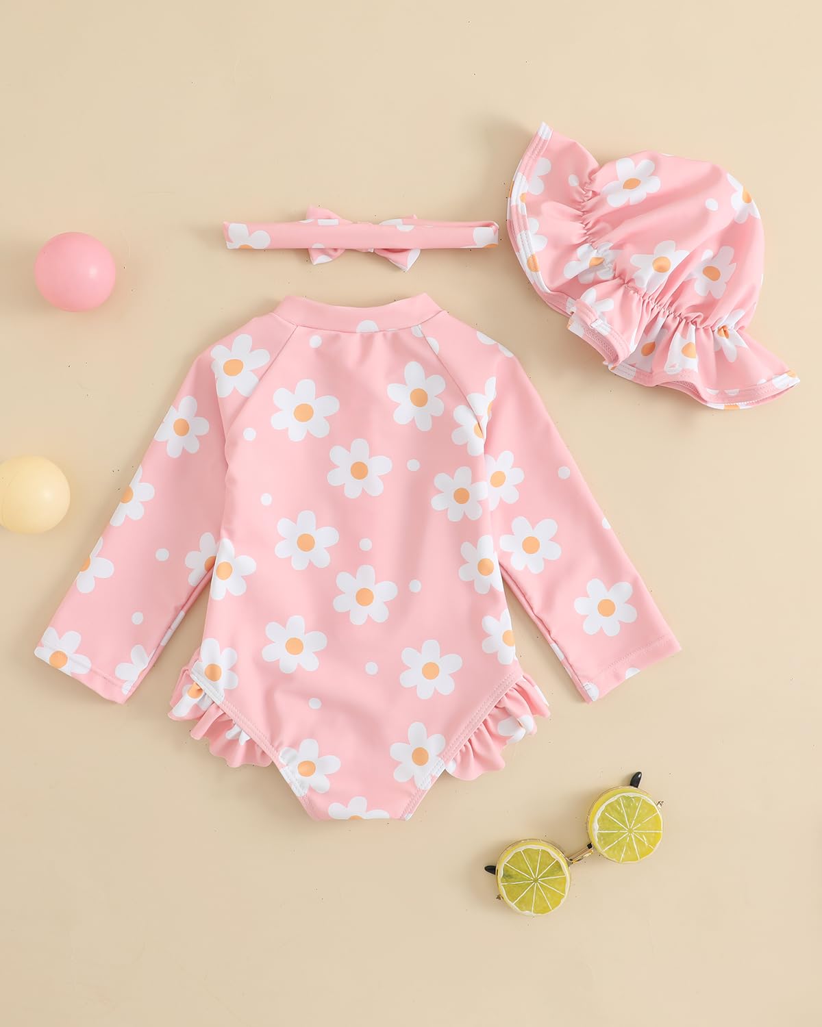Maillot de Bain Bebe Fille Anti UV 3 Mois - 3 Ans, UPF 50+ Combinaison Bebe 3 Pièces avec Chapeau & Bandeau, Maillots Bain Bébé avec Pressions