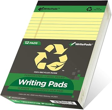KAISA Yellow Legal Pads 12Pads 600 Sheets Writing Pads Recycled Paper 5x8 Norrow Ruled Lined Paper Small Legal pad Perforated 50 sheets/pad Notepads Writing Tablet Canary For Office Supplies (Canary 12pads)