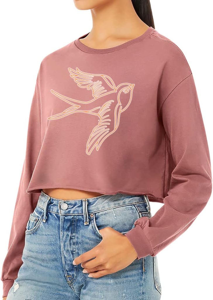 Swallow Bird Cropped Long Sleeve T-Shirt - Cute Women's T-Shirt - Printed Long Sleeve Tee