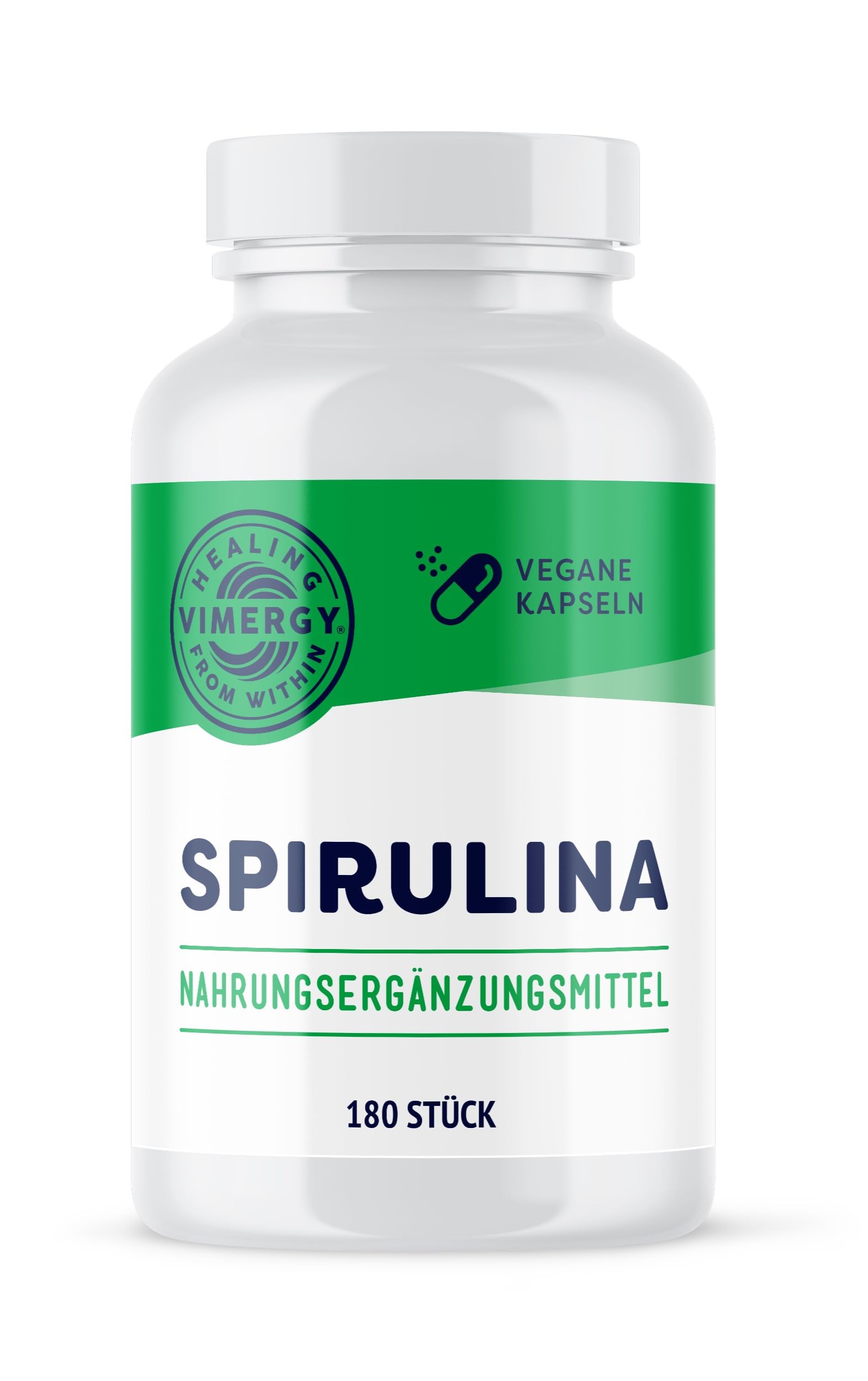 Vimergy Spirulina Kapseln, 30 Einnahmen – Starkes Superfood – Nahrungsergänzungsmittel - Ohne Trennmittel, ohne Füll- oder Farbstoffe, Gentechnik- und Glutenfrei (180 Stk.)