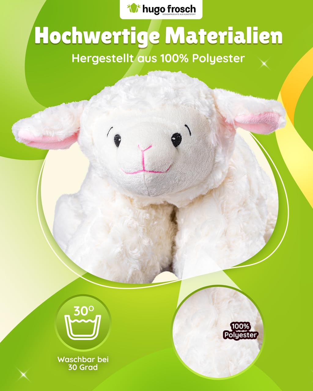 Hugo Frosch Wärmflasche Klassik 1,8l – Made in Germany – mit weichem Schaf-Kuschelkissen Weiß – große, auslaufsichere Bettflasche – langlebig & mit waschbarem Bezug