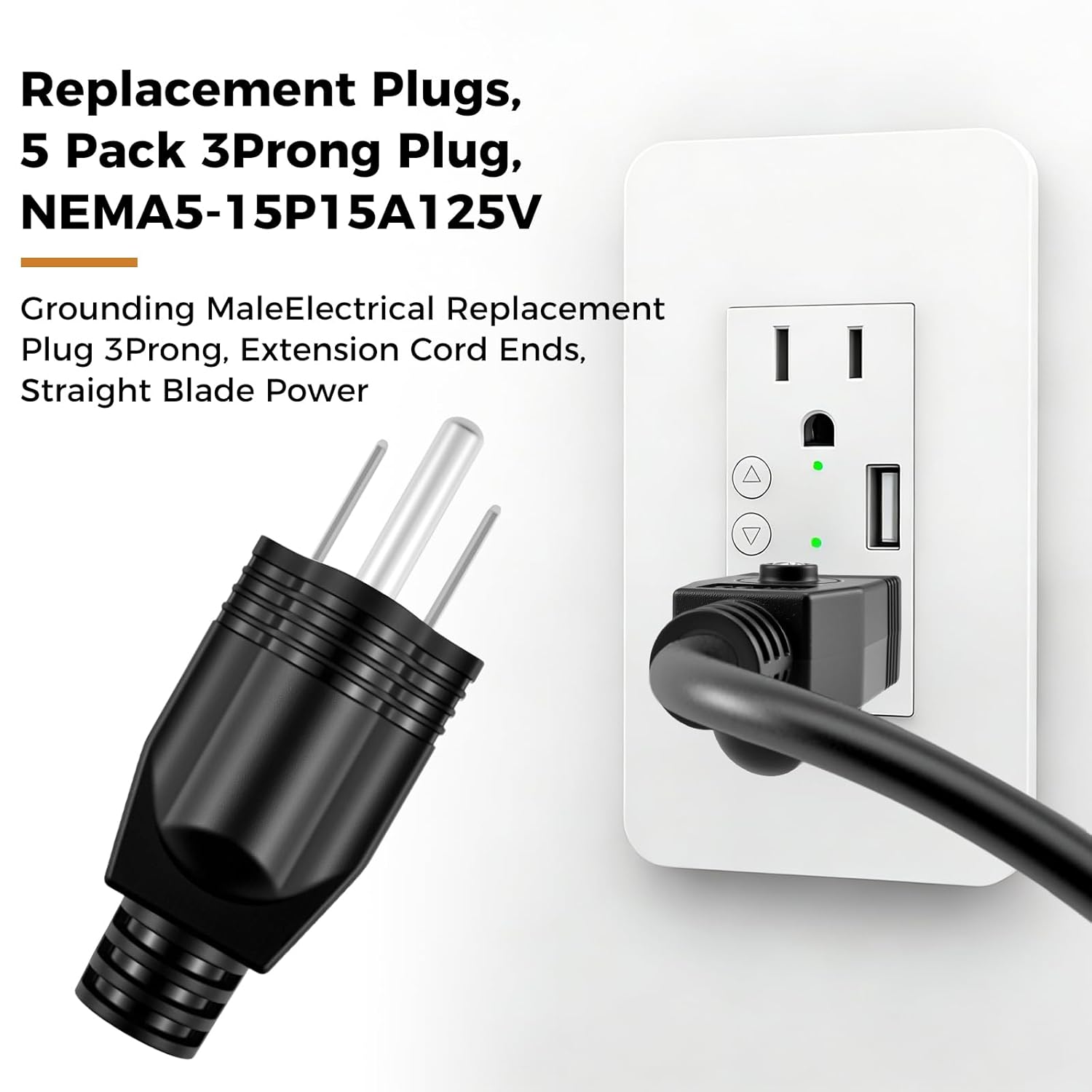 5Pcs NEMA 5-15P Electrical Replacement Plugs | 2-Pole 3-Wire Black Male Straight Connectors | 125V 15A | Grounding Extension Cord & Generator Replacements