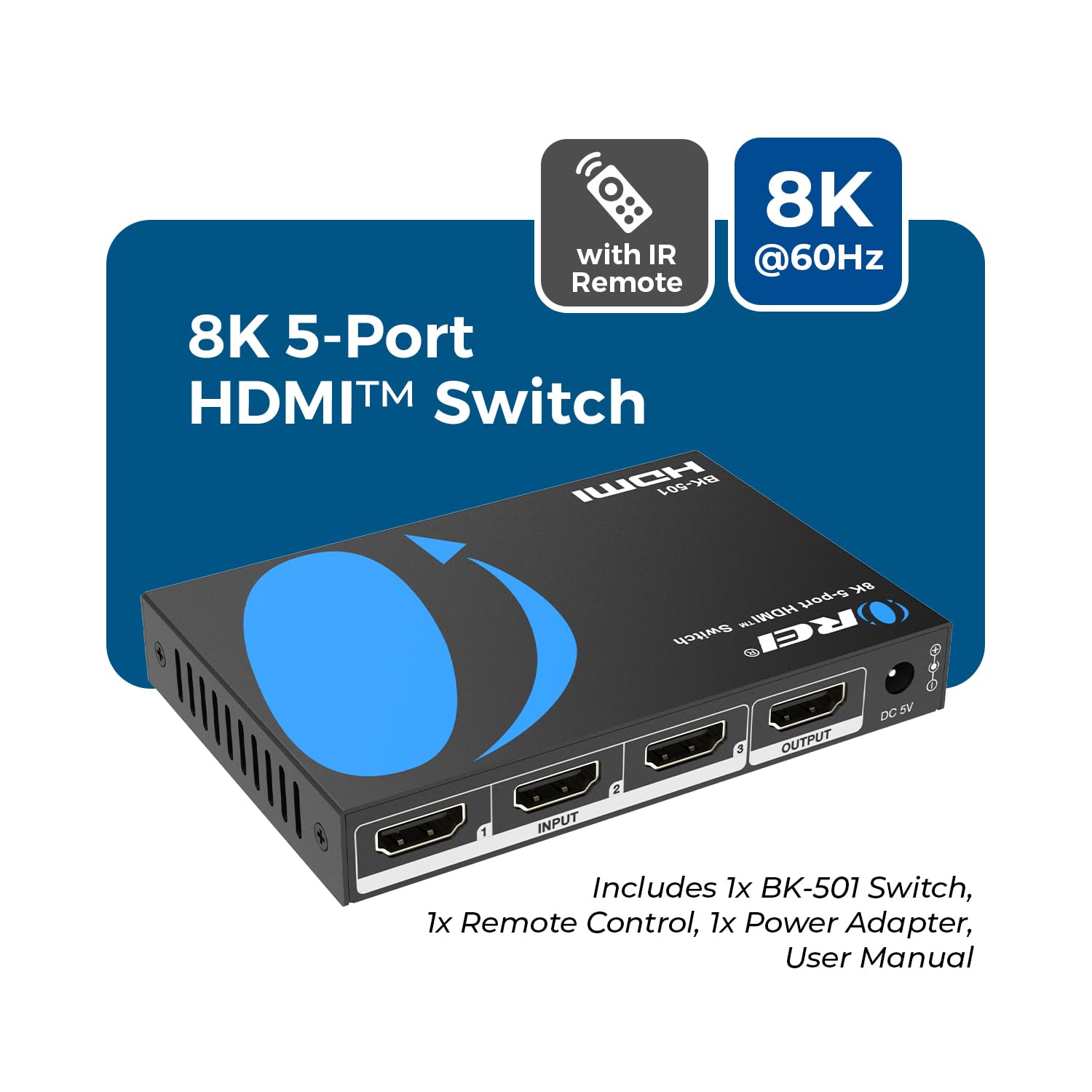 OREI Switch HDMI 8K 5 in 1 Out - Interruttore HDMI con telecomando 8K @60Hz 4:2:0/4K @120Hz 4:4:4-48Gbps Switcher con HDR10+, VRR, ALLM & QFT, CEC - per PS5, Xbox, Roku, Fire TV