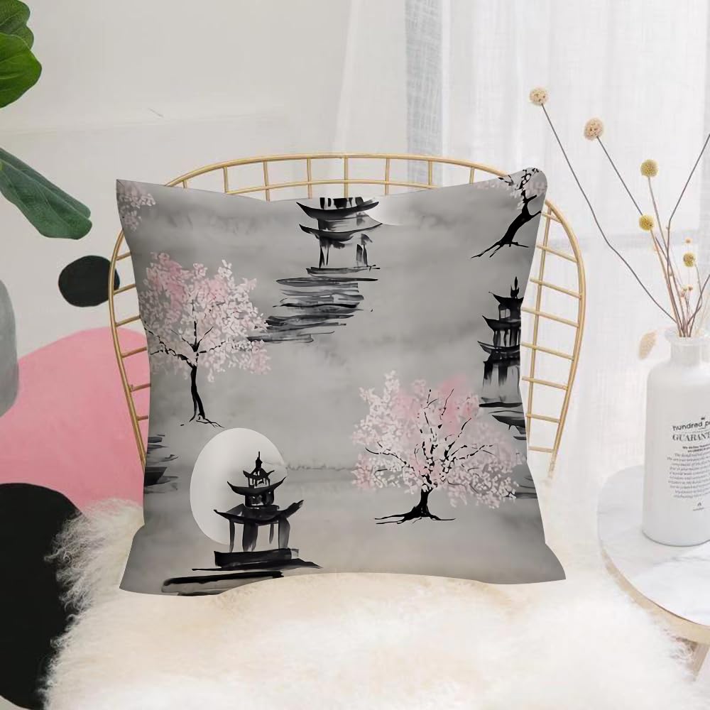 Hyosxw Mount Fuji, Japanese Style, Cherry Blossoms, - A8 Cushion Cover,Throw Pillow Case Home Decorative For Living Room Bedroom Sofa Chair 18X18 Inch,Mount Fuji, Japanese Style, Cherry Blossoms, Moon Shadow Scenery,Pillowcase 45X45cm