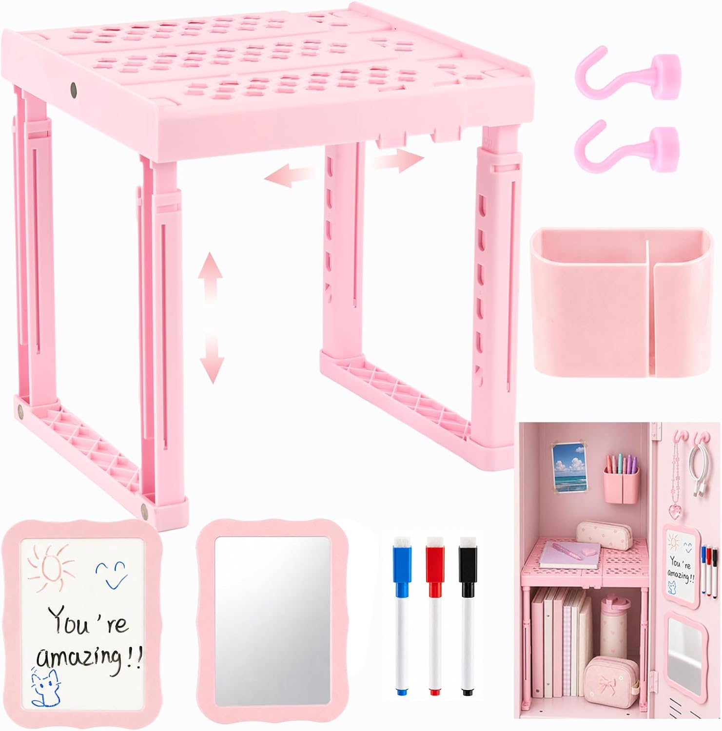 9PCS Locker Accessories for Girl, Locker Organizer, Adjustable Locker Shelf